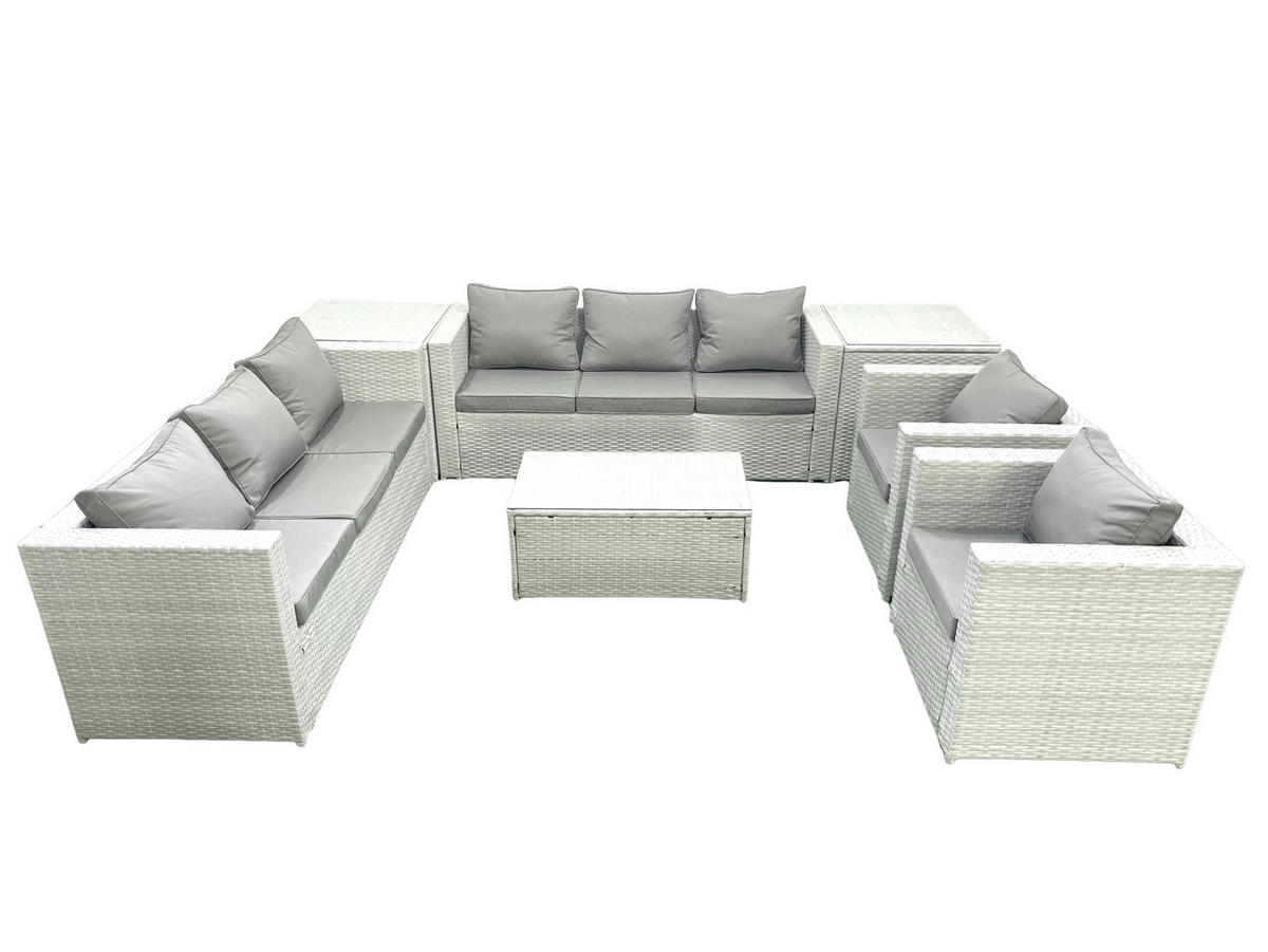 GARTENGARNITUR mit 3-SITZER SOFA,COUCHTISCH Polyrattan Hellgrau-Mix 8-Sitzer - Hellgrau/Grau, Glas/Kunststoff - Fimous