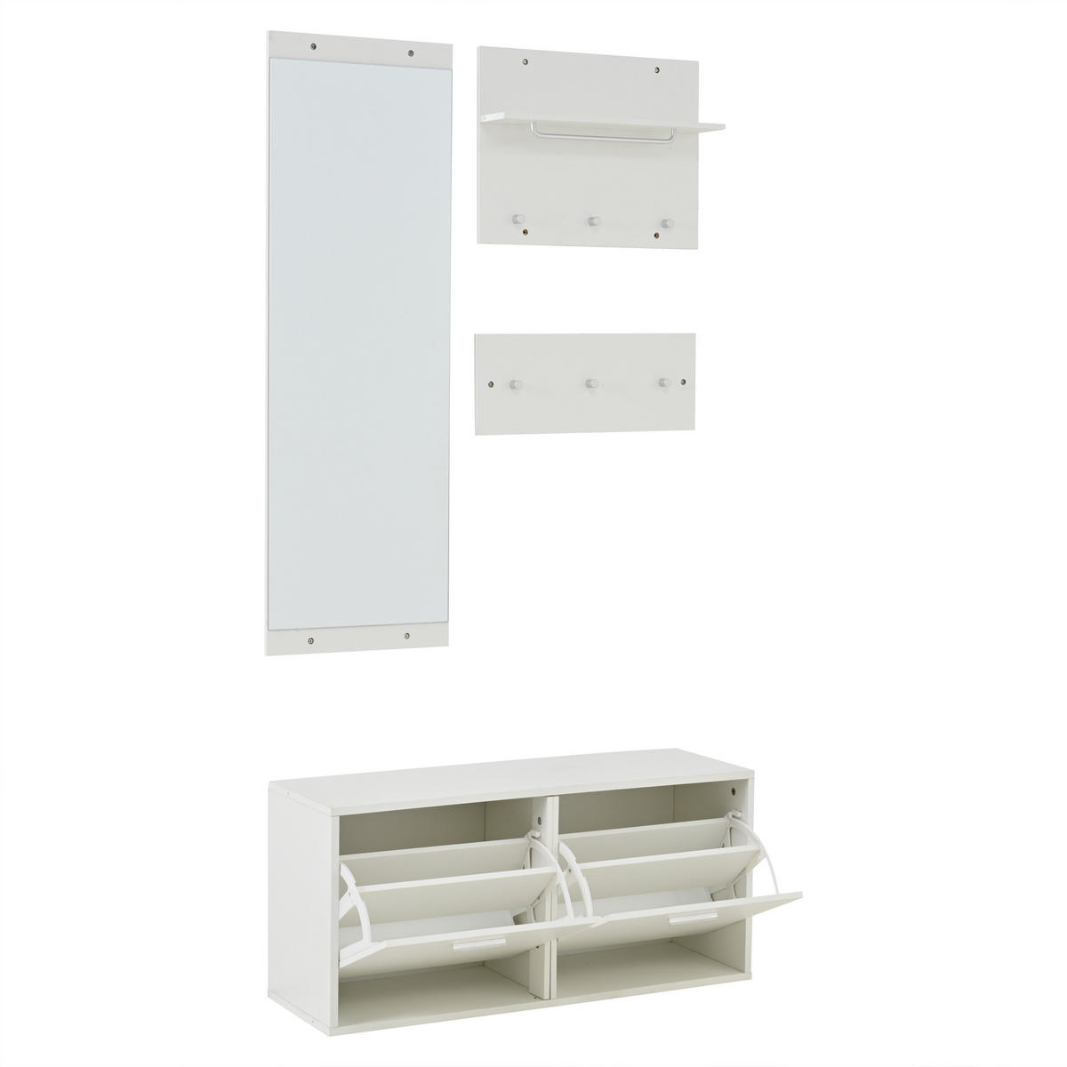 GARDEROBE-SET 4-teilig Spiegel Schuhschrank Haken Weiß - Weiß, Holzwerkstoff (90/41.5/30cm) - FLIEKS