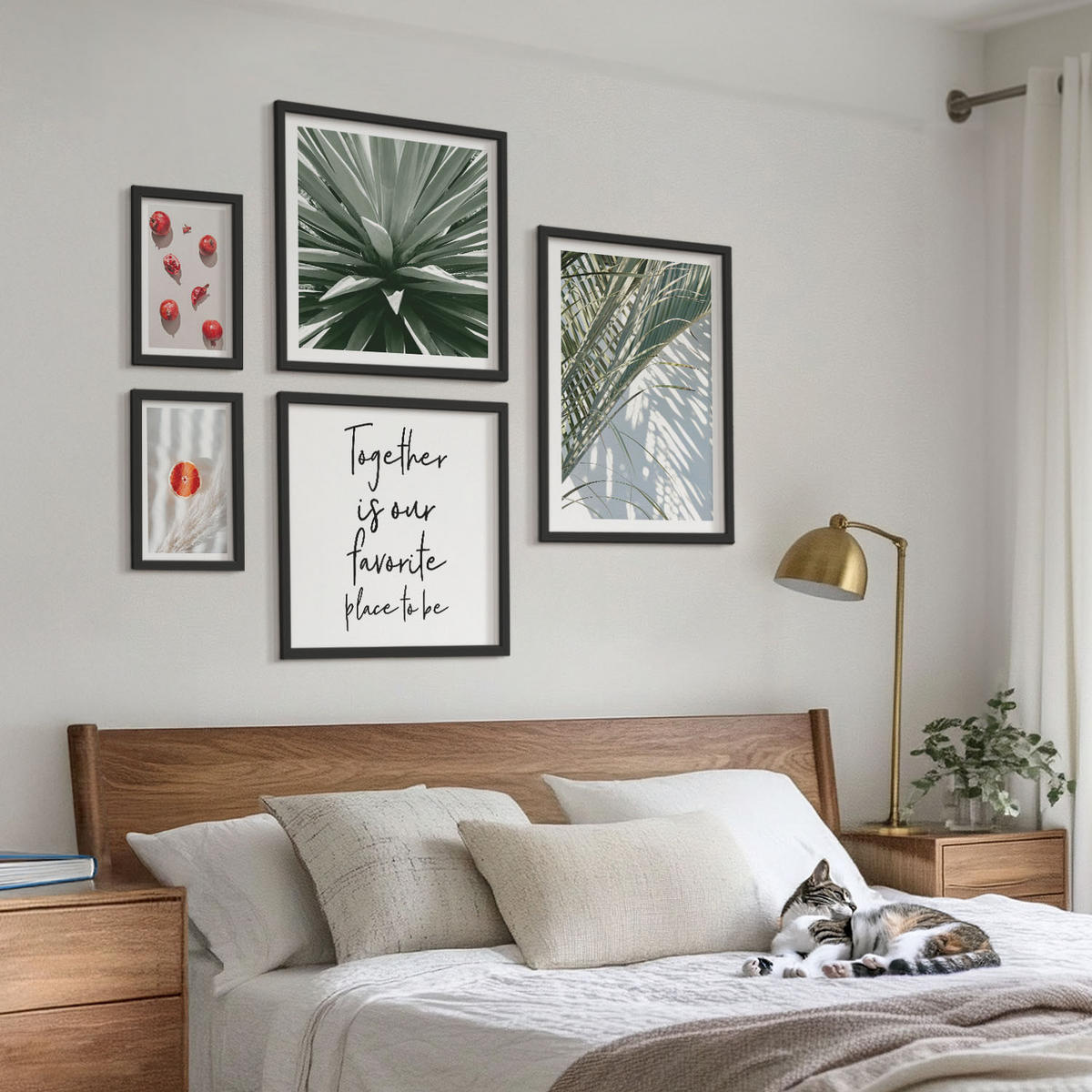 WANDBILDER 5er-Set - 50x50 cm & 20x30 cm & 40x60 cm Schwarzer Rahmen - Feiertags-Palmenfrucht-Inschrift - Schwarz, Kunststoff (40/60cm) - ArtPrintCave