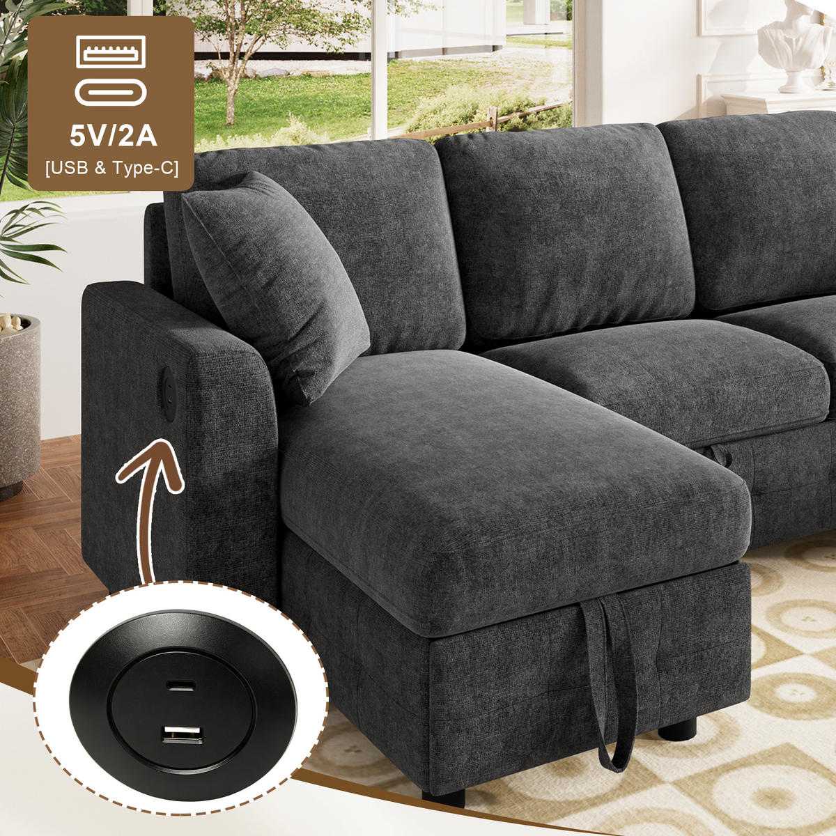 SOFA U Form Chenille Schlafsofa USB Type C Stauraum Grau - Dunkelgrau, Textil (260/82/128cm) - FLIEKS