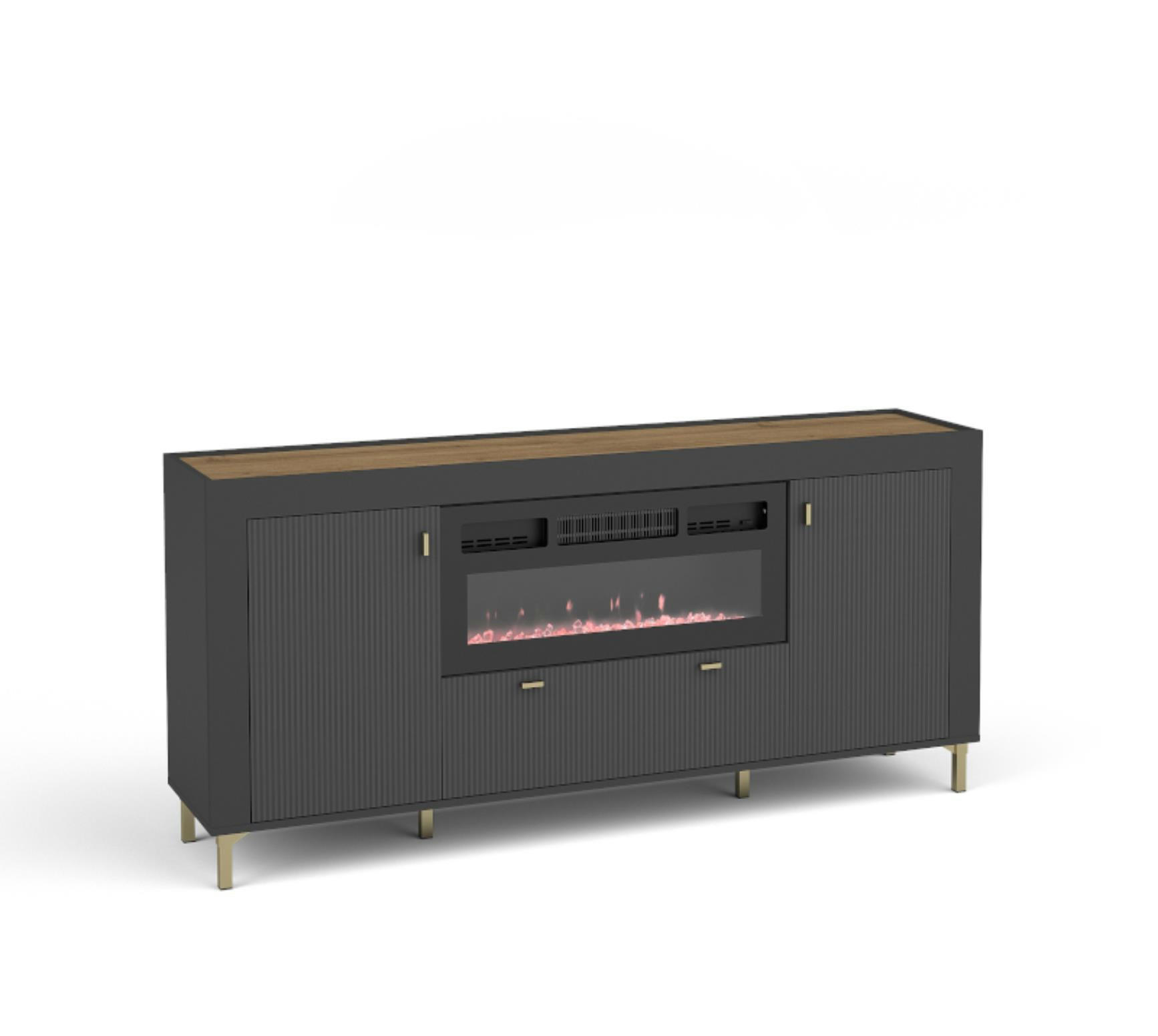 KOMMODE mit Kamin Mossa Schwarz, Zweitürige Kommode mit Schubladen und LED - Goldfarben/Schwarz, Holzwerkstoff (177/84/40cm) - Bettso