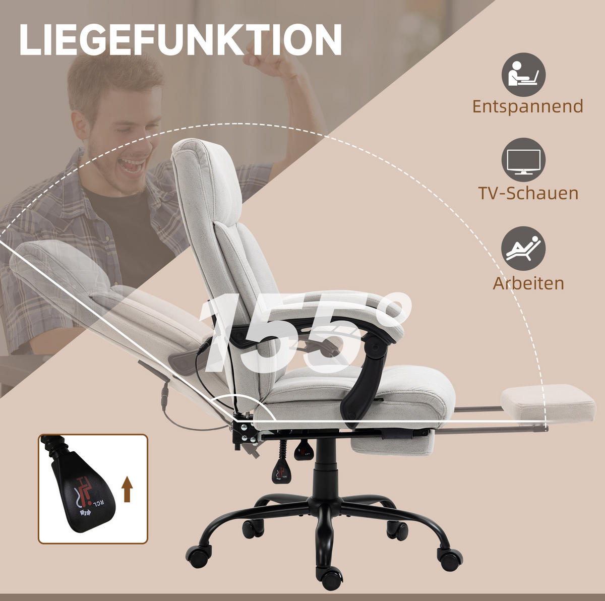 BÜROSTUHL mit Massage und Fußstütze Hellgrau - Hellgrau, Kunststoff (74/119/65cm) - Meubliv