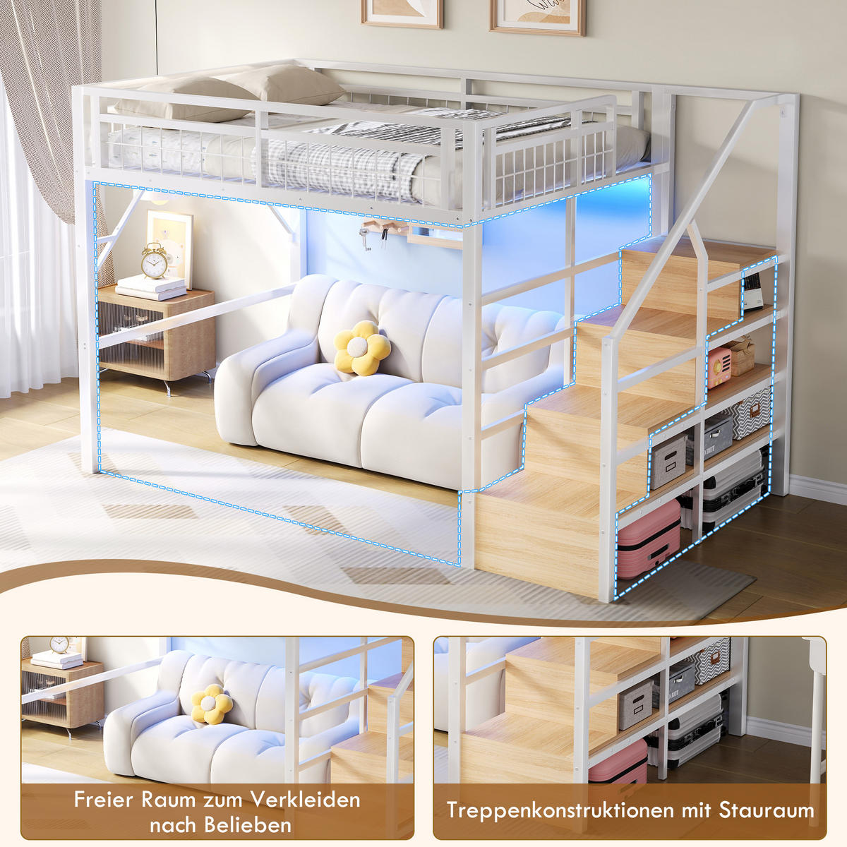 HOCHBETT 140/200 cm in Weiß mit Stauraumtreppe und LED - Weiß, Holzwerkstoff/Metall (140/200cm) - WISHDOR