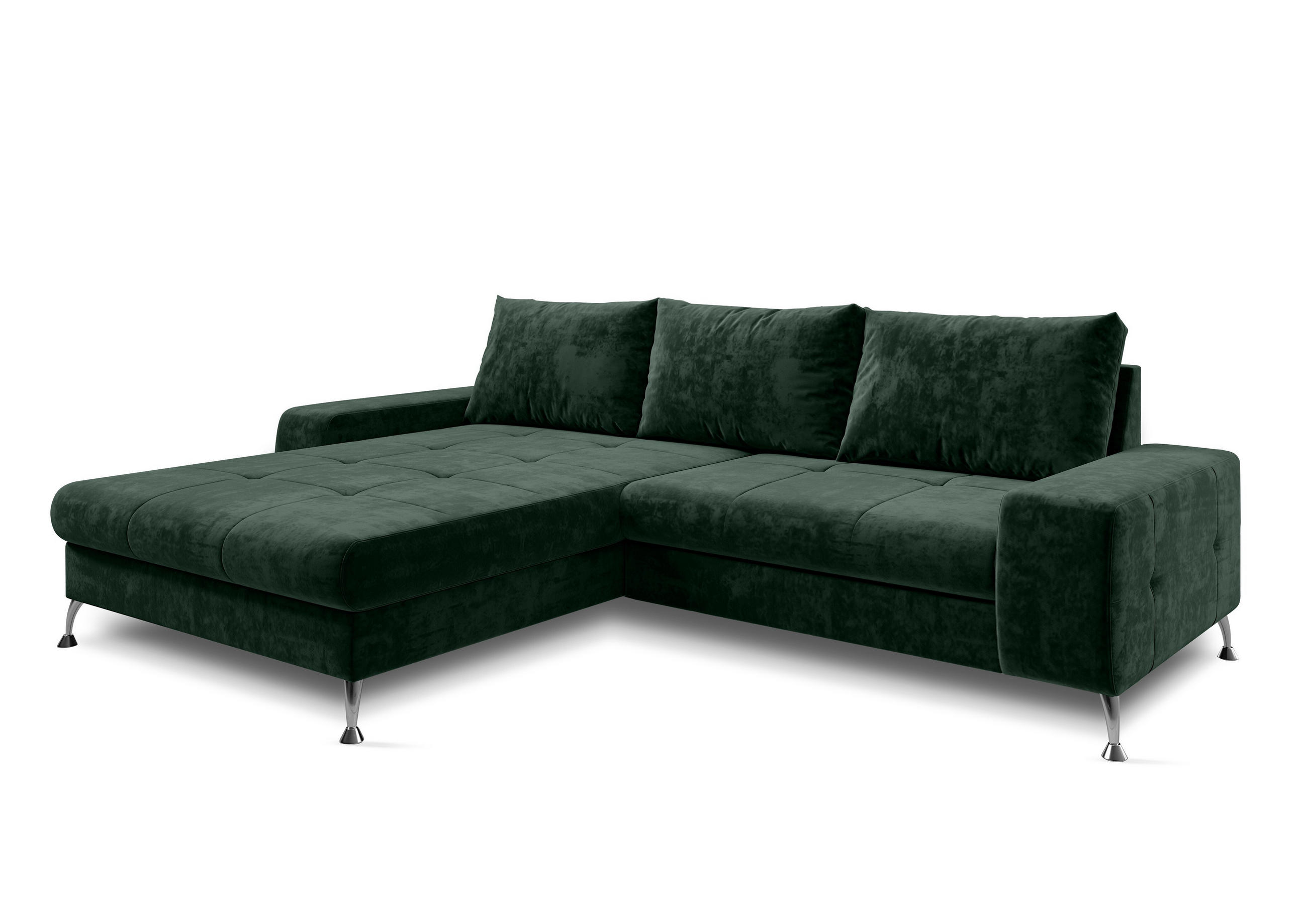ECKSOFA L Form Artemia Grün Samt 275/210/81 cm – modernes Sofa fürs Wohnzimmer L - Silberfarben/Grün, Textil/Metall (210/275cm) - AX Living