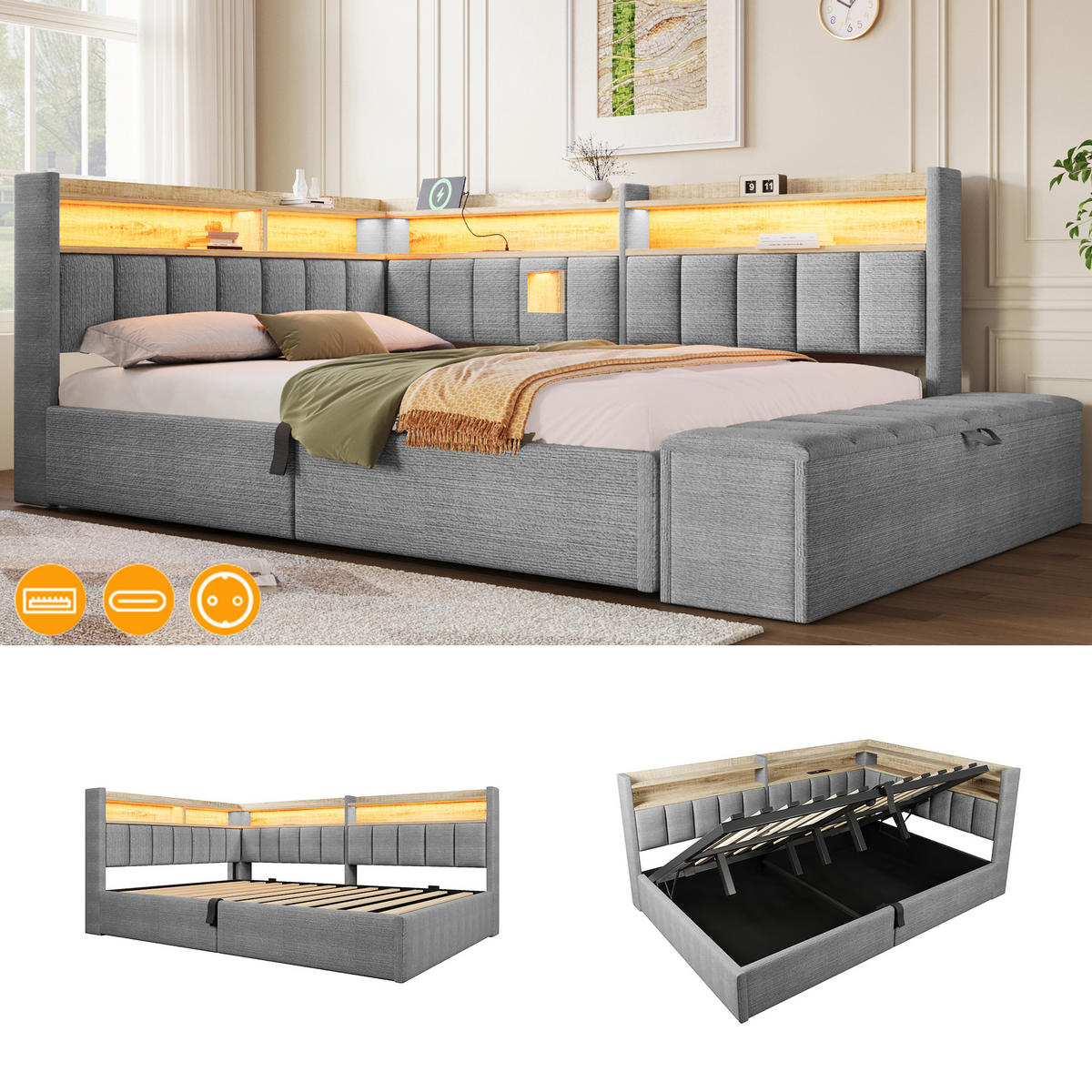 TAGESBETT 140 x 200 cm, Grau, Samt, LED, USB - Grau, Textil (140/200cm) - FLIEKS