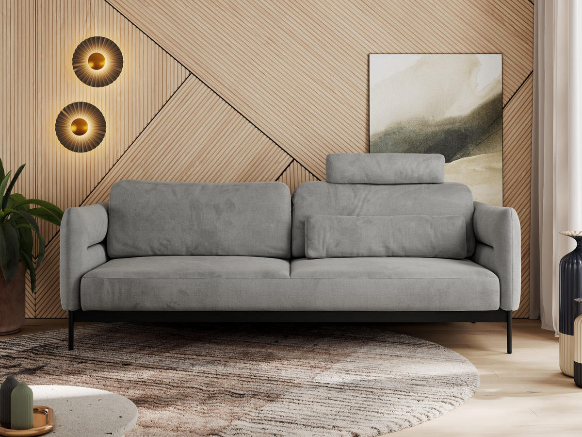 SOFA SALENTO Hellgrau Velvet - Hellgrau/Schwarz, Textil/Metall (221/82/101cm) - MKS
