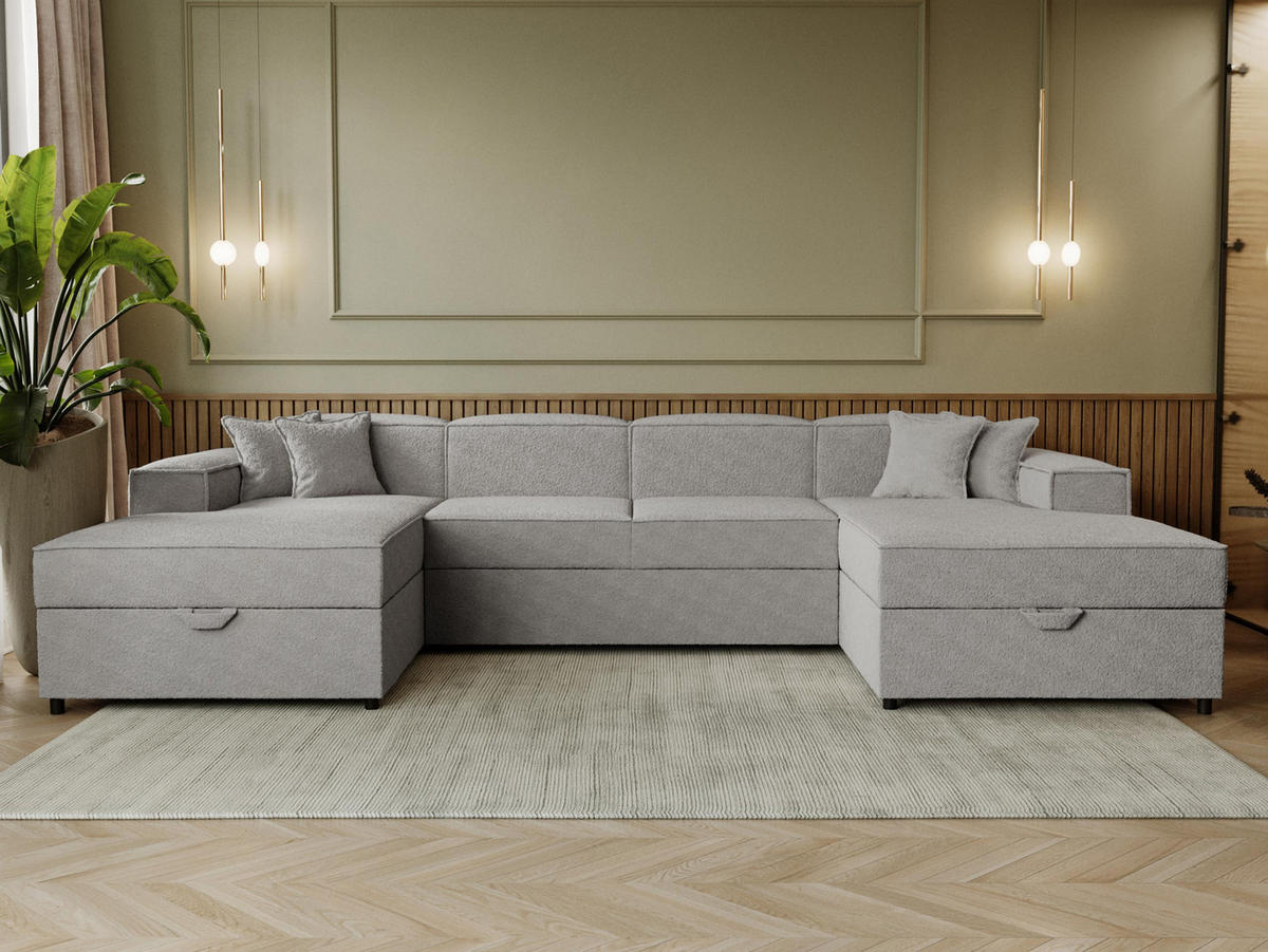 WOHNLANDSCHAFT Santos U Boucle - Schwarz/Grau, Holzwerkstoff/Kunststoff (320/79/166cm) - MIRJAN24