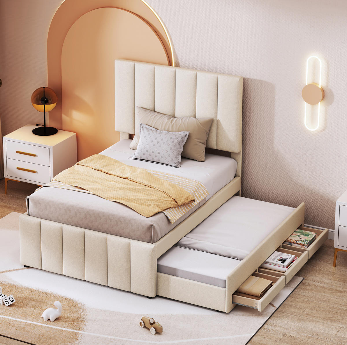 POLSTERBETT 90/200 cm Beige mit Ausziehbett und 3 Schubladen höhenverstellbares Kopfteil - Beige, Textil (90/200cm) - OKWISH