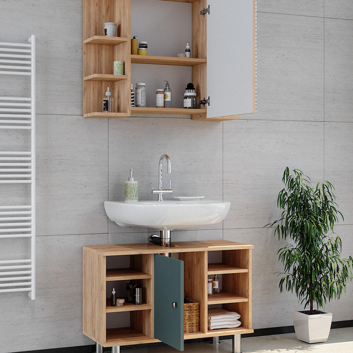 BADMÖBEL-SET Fynn Grün 2 Teile, Unterschrank 80 cm - Honigeiche/Grün, Holzwerkstoff (60/54/32cm) - Vicco