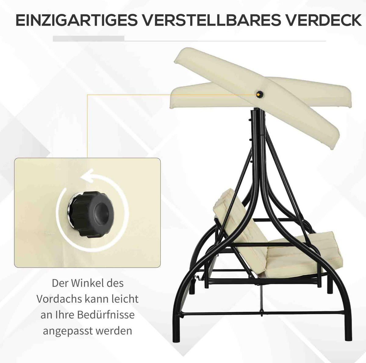 HOLLYWOODSCHAUKEL 195/117/175 cm mit Liegefunktion, verstellbarem Sonnendach und Stahlgestell, Beige - Beige, Metall (117/175/195cm) - Redom