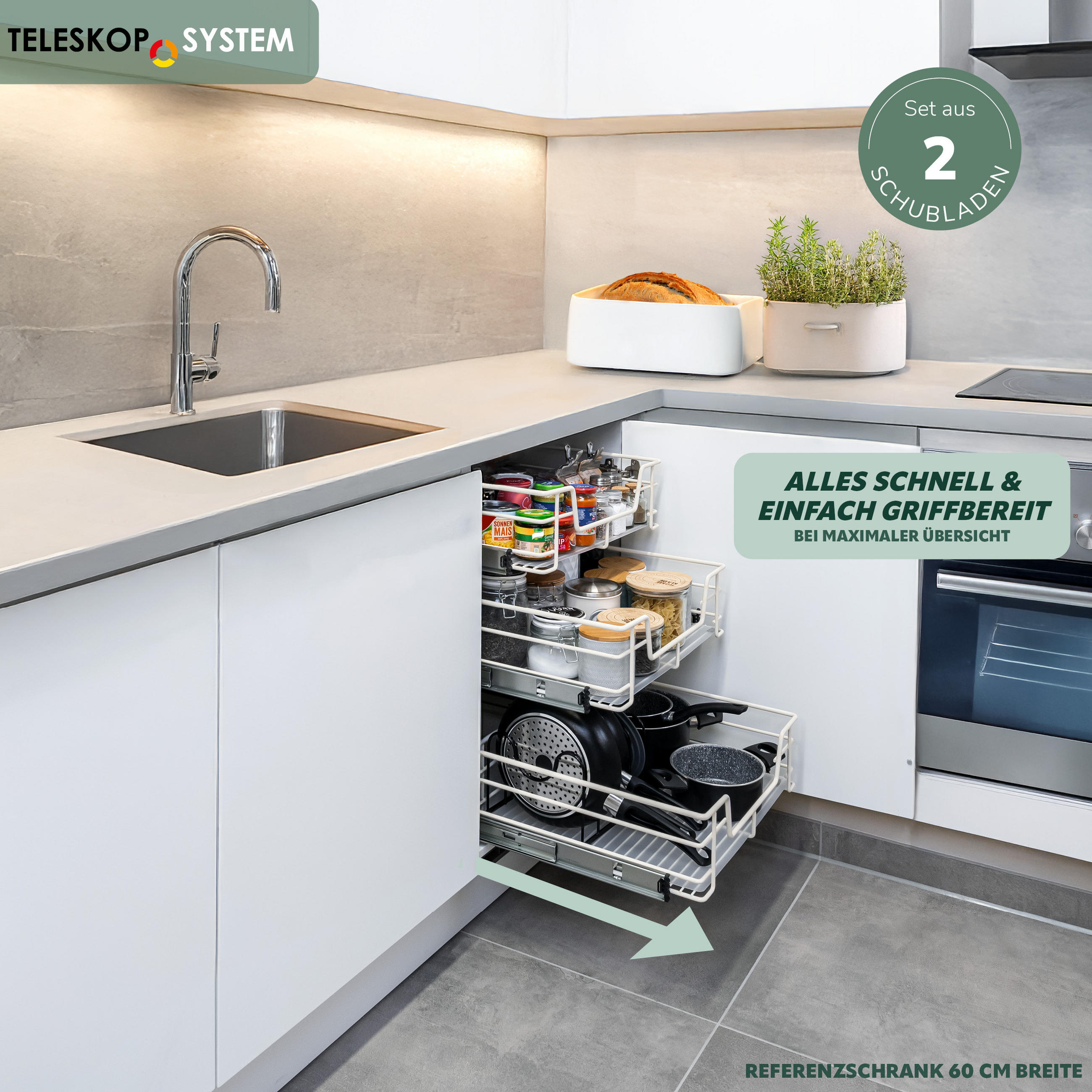 TELESKOPSCHUBLADEN (2er Set), für 50 cm Schrank, Metall, Cremeweiß - Chromfarben, Metall (47/14/44cm) - bremermann