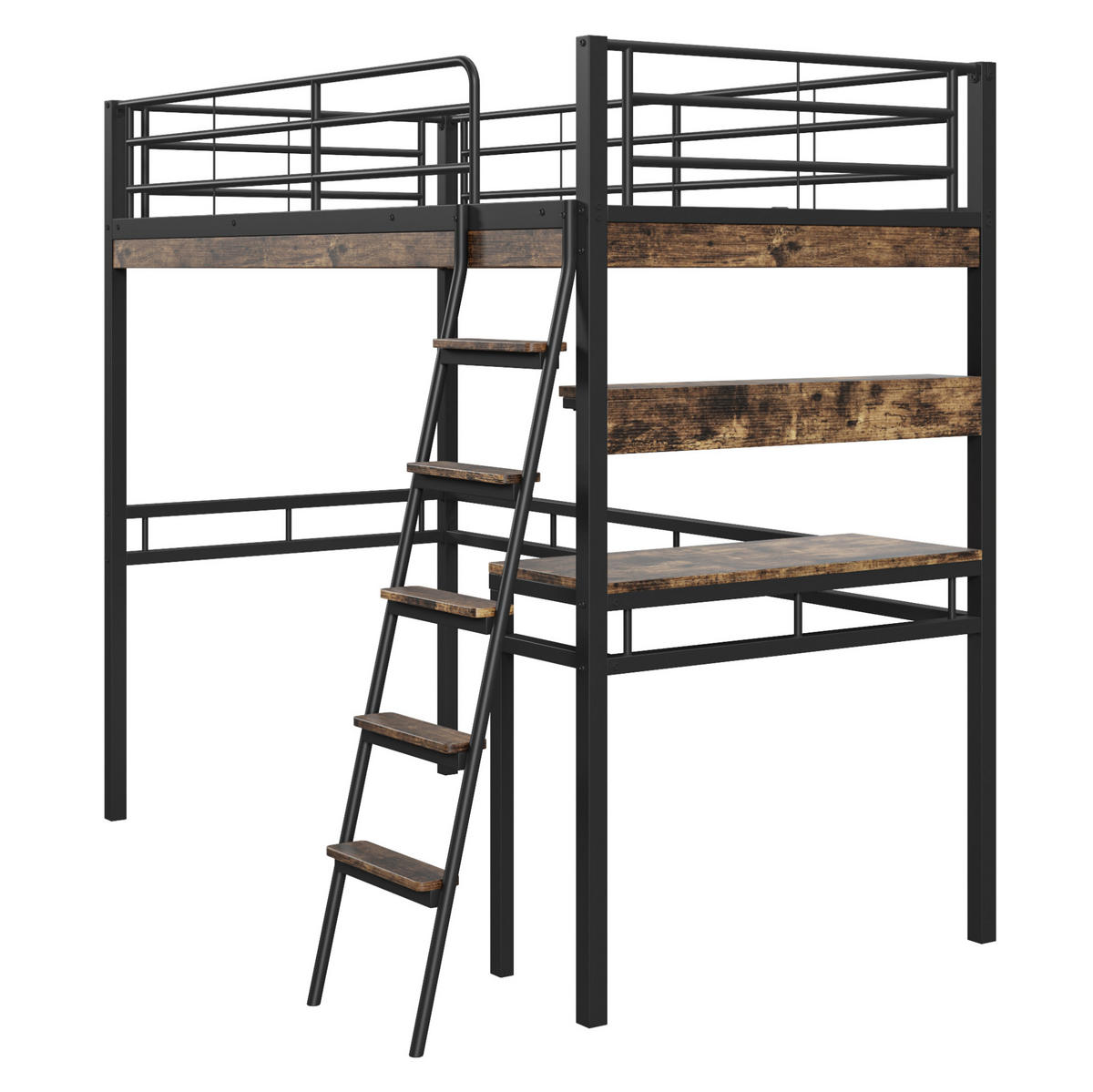 HOCHBETT 90/200 cm Schwarz aus Metall mit Schreibtisch und Regalen - Schwarz, Metall (90/200cm) - OKMYHOME