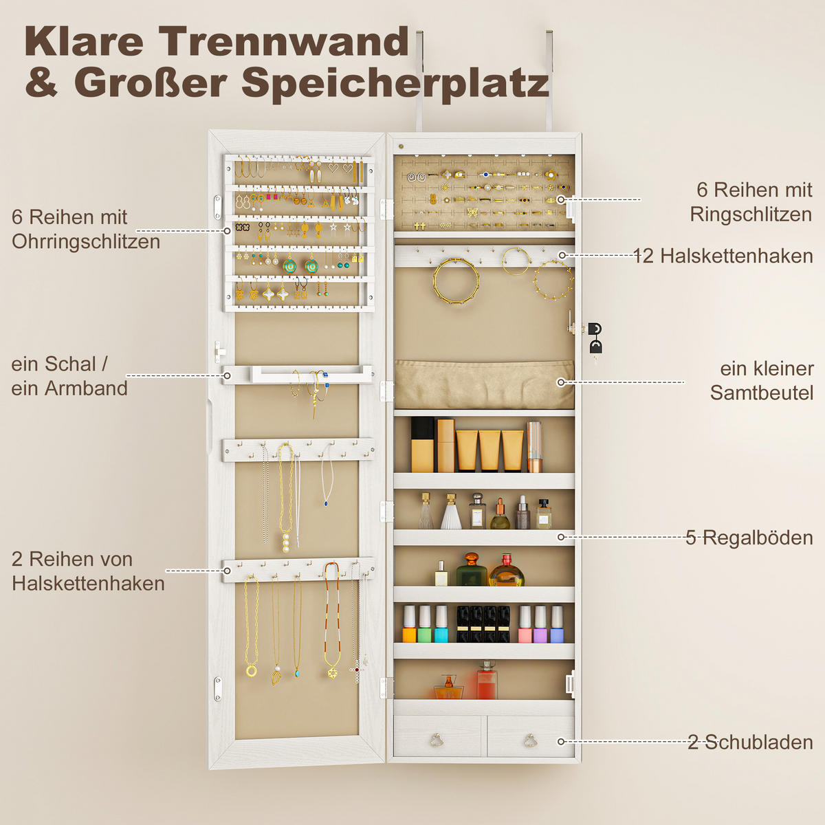 SCHMUCKSCHRANK MDF Glasspiegel Cremeweiß - Weiß, Holzwerkstoff (10/120/37cm) - HOMCOM