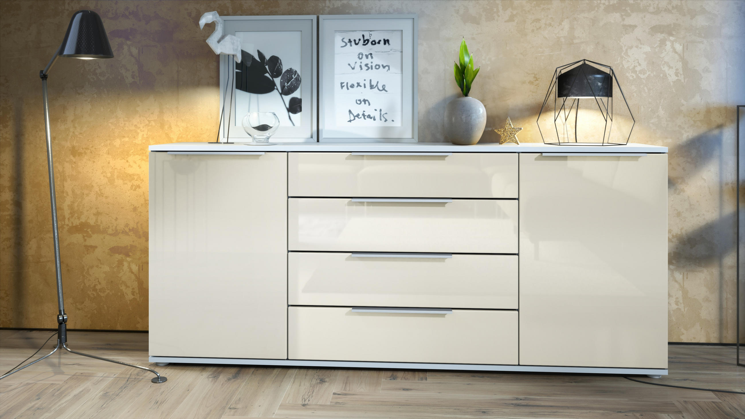 SIDEBOARD Linio Creme Hochglanz - Creme, Holzwerkstoff (166.5/75.5/35cm) - Vladon
