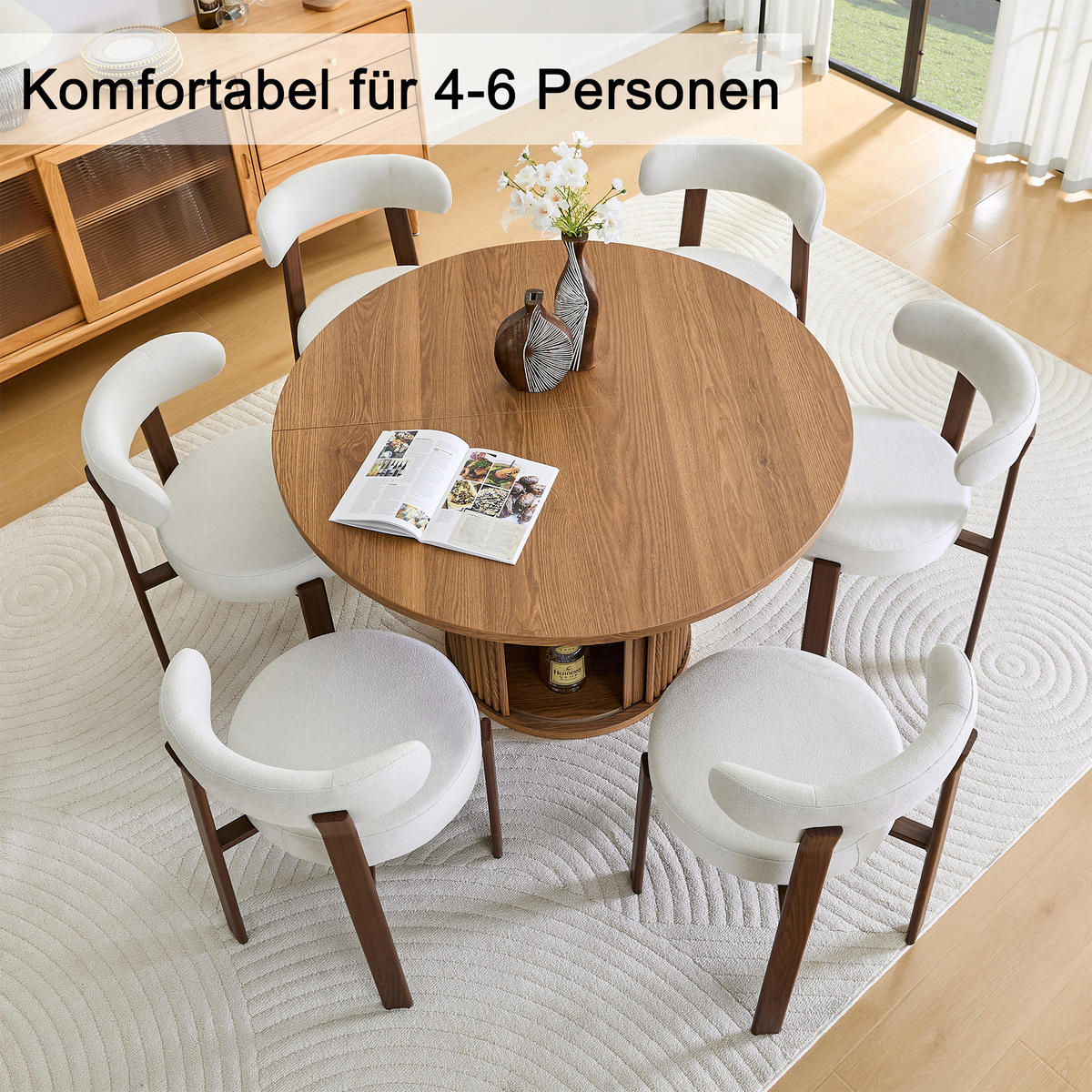 ESSTISCH aus Holzwerkstoff in Nussbaum-Optik, rund (Ø 120cm) mit Lamellen-Sockel und Stauraum - Walnussfarben, Holzwerkstoff (120/120/75.5cm) - Urban Meuble