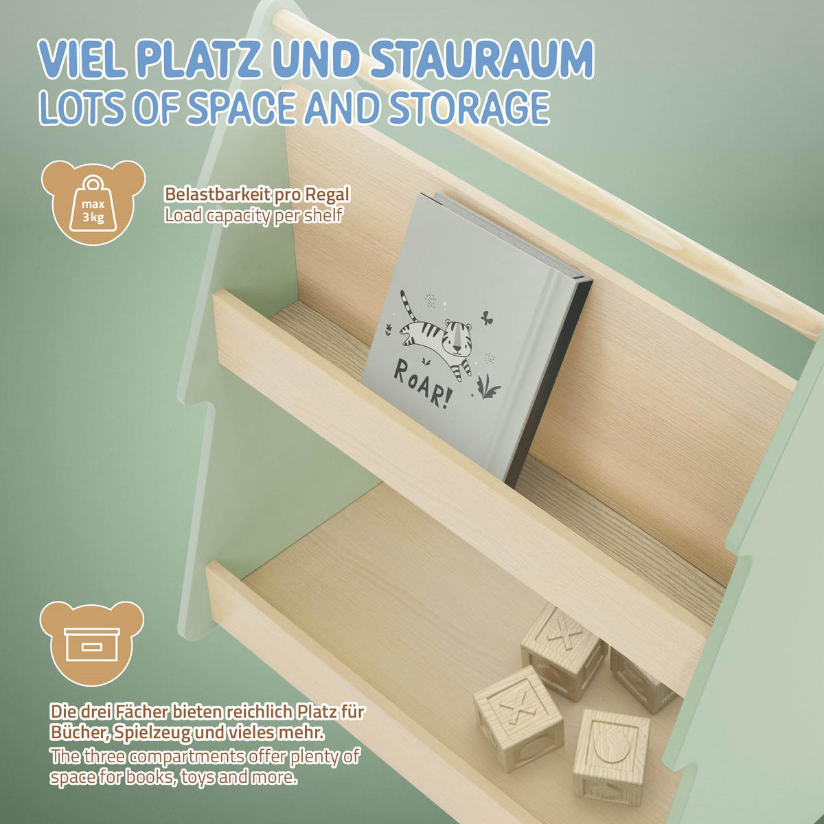 KINDERREGAL Tanne, Grün/Natur - Naturfarben, Holz (60/70/38cm) - Joyz