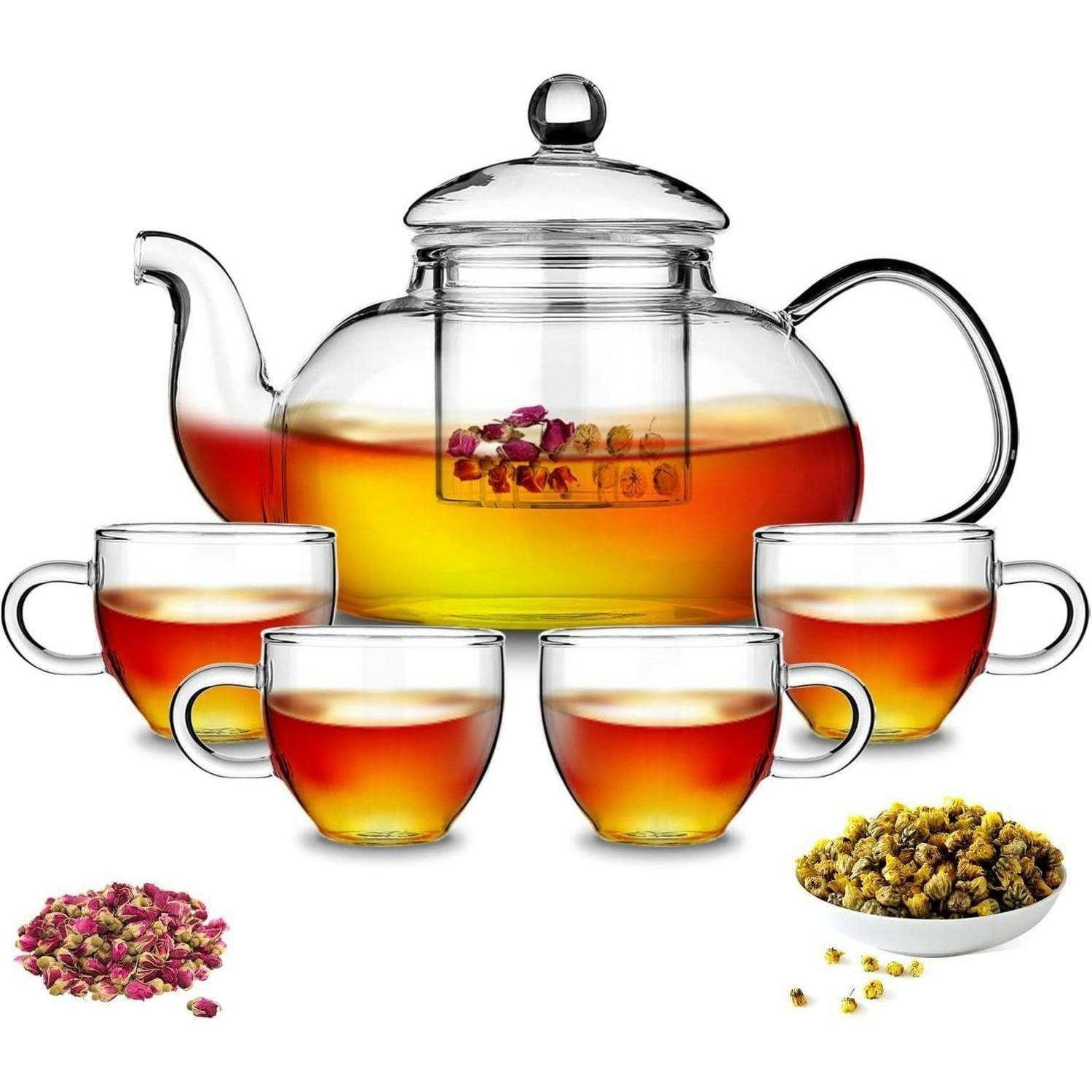 TEEKANNE mit 4 Tassen Glas 1000 ml mit Teesieb - Transparent, Glas (13/30cm)