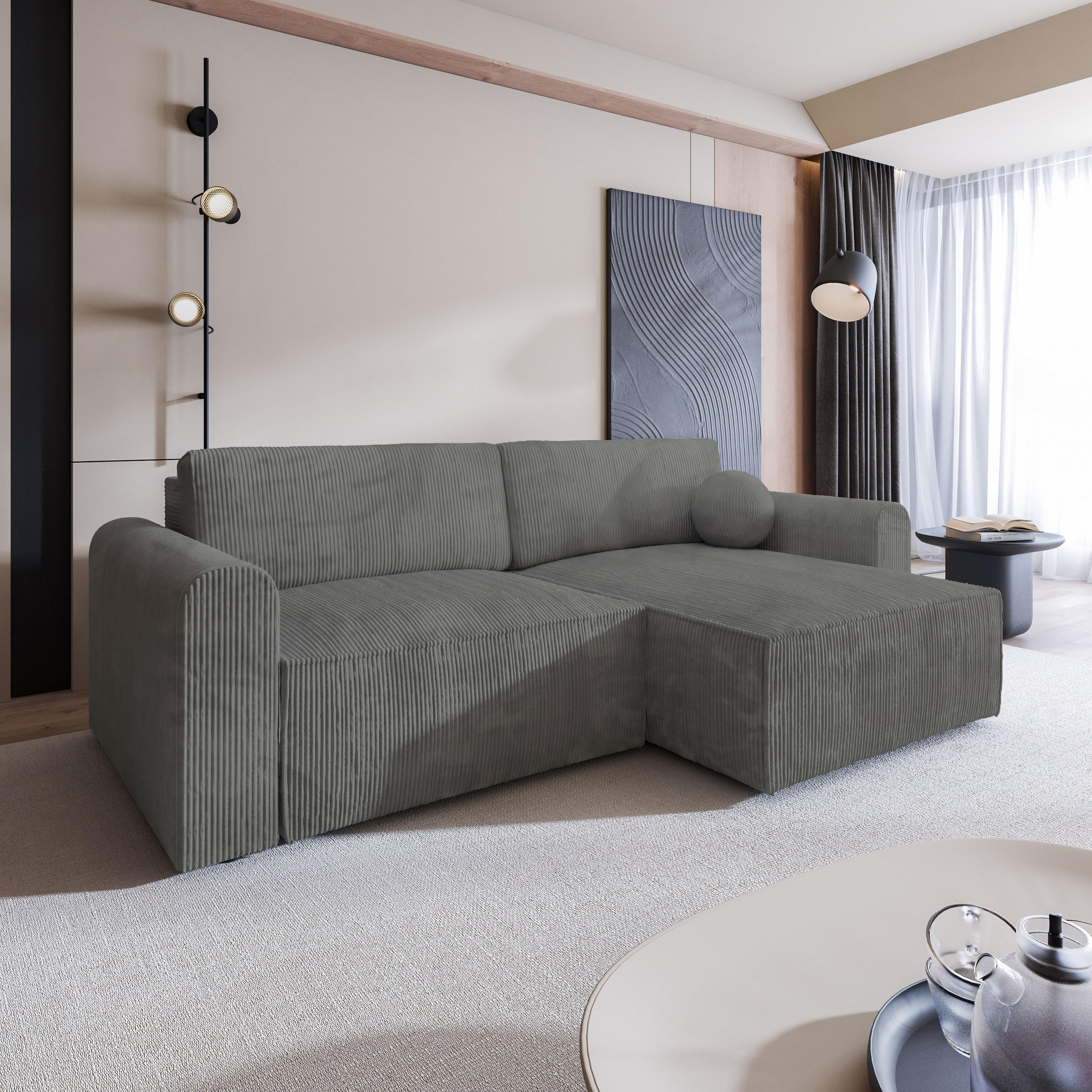 ECKSOFA FIANO P Grau Kordstoff mit Schlaffunktion - Grau, Holz (245/148cm) - MASSENO