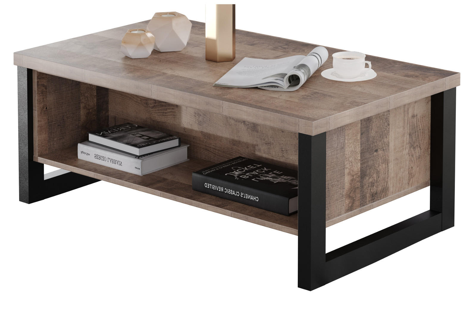 COUCHTISCH Eiche Tabak, schwarz 110 x 65 cm, Beistelltisch mit Ablage - Eichefarben/Schwarz, Holzwerkstoff (65/110/45cm) - Top.Furn