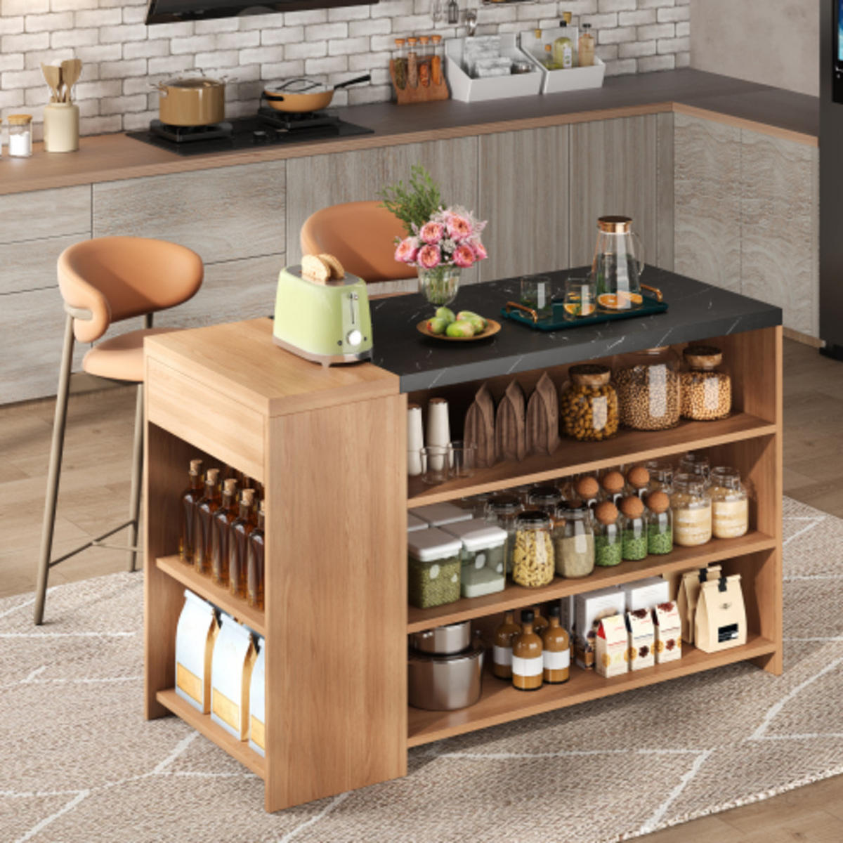 KÜCHENINSEL Schwarz-Natur aus MDF mit hinterem Barbereich 140 × 60 × 90 cm - Naturfarben, Holzwerkstoff (140/90/60cm) - Luhomfu