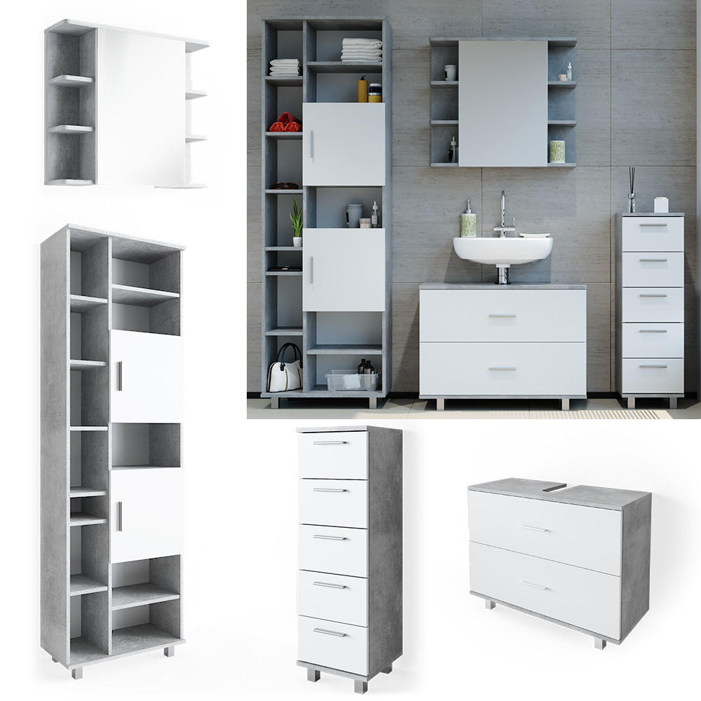 BADMÖBEL-SET Ilias Beton/Weiß 4 Teile, mit Hochschrank - Weiß/Grau, Holzwerkstoff (80.2/60.8/33cm) - Vicco