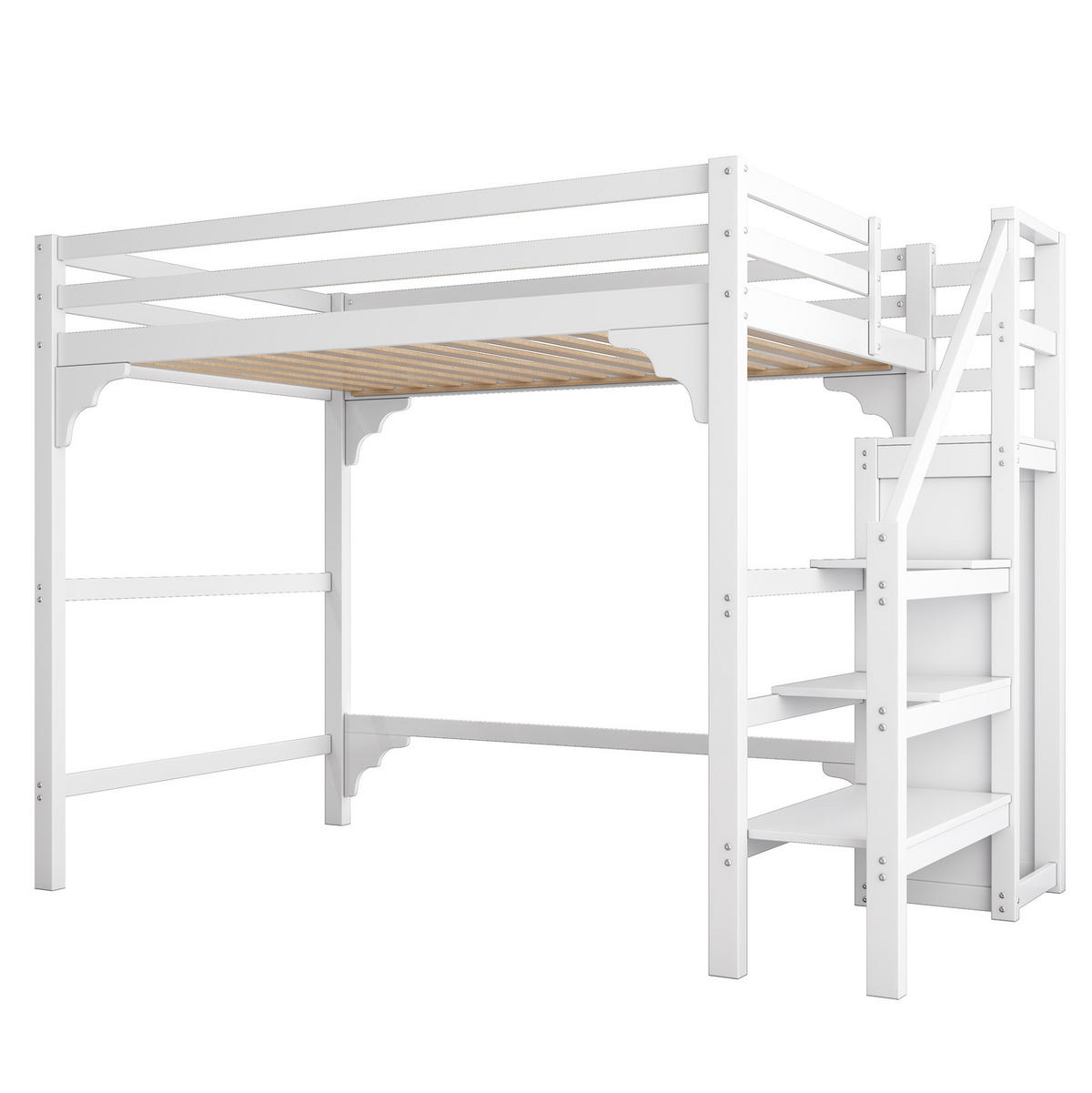 HOCHBETT 140/200 cm aus Kiefernholz mit Kleiderschrank und Treppe, Weiß - Weiß, Holz (140/200cm) - OKMYHOME