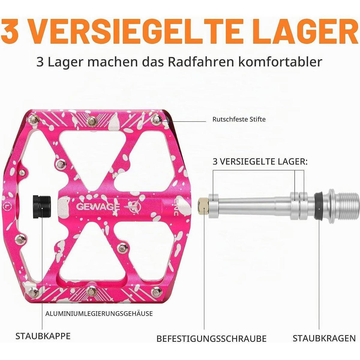 FAHRRADPEDALE Pink mit Reflektoren und 3 Lagern - Pink, Metall (11.8/1.5/10.1cm)