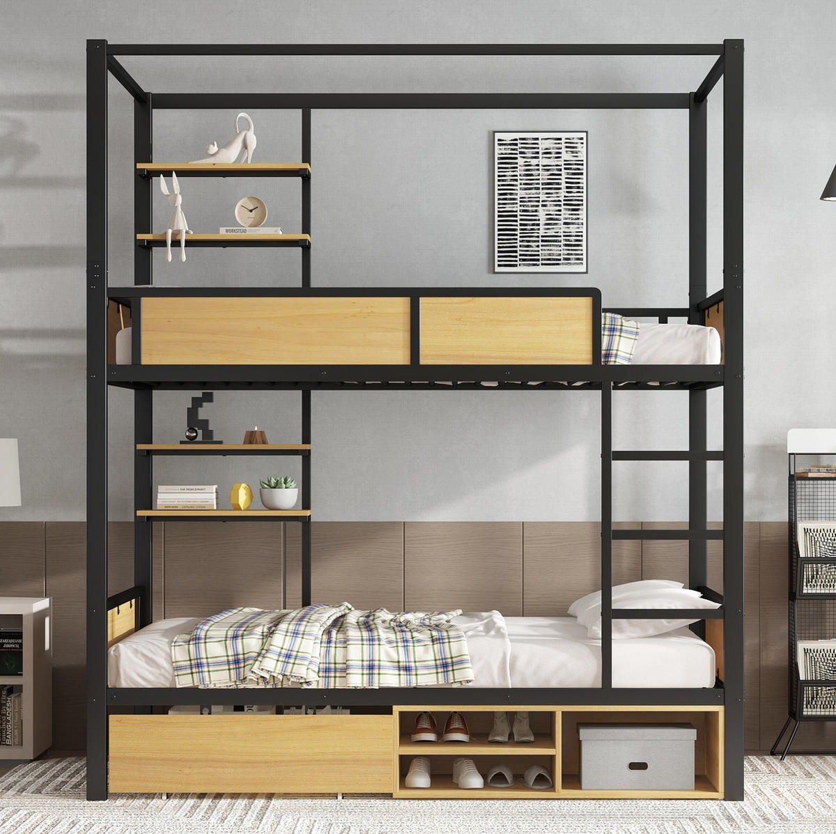 ETAGENBETT aus MDF und Metall 90x200 cm in Schwarz/Natur mit Stauraum - Schwarz, Holzwerkstoff (90/200cm) - Modfu