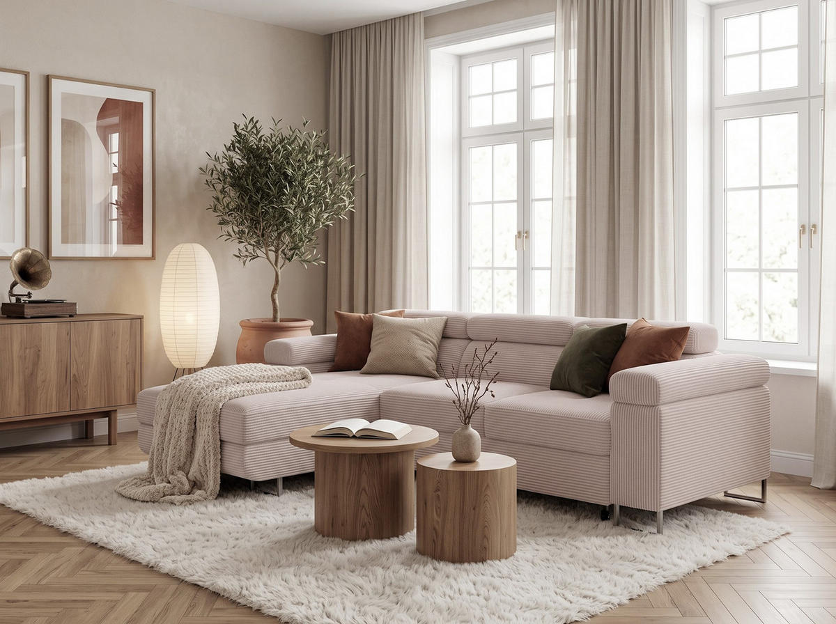 ECKSOFA VEMO MINI Links Creme Cord-Stoff Kompakter Komfort für Wohnräume - Creme, Textil (235/175cm) - Barchello