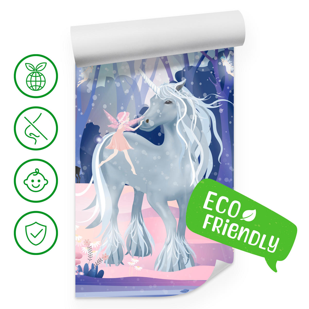 FOTOTAPETE für Kinderzimmer Einhorn Feen Magischer Wald 300x210 - Blau/Violett, Papier (300/210cm) - Muralo