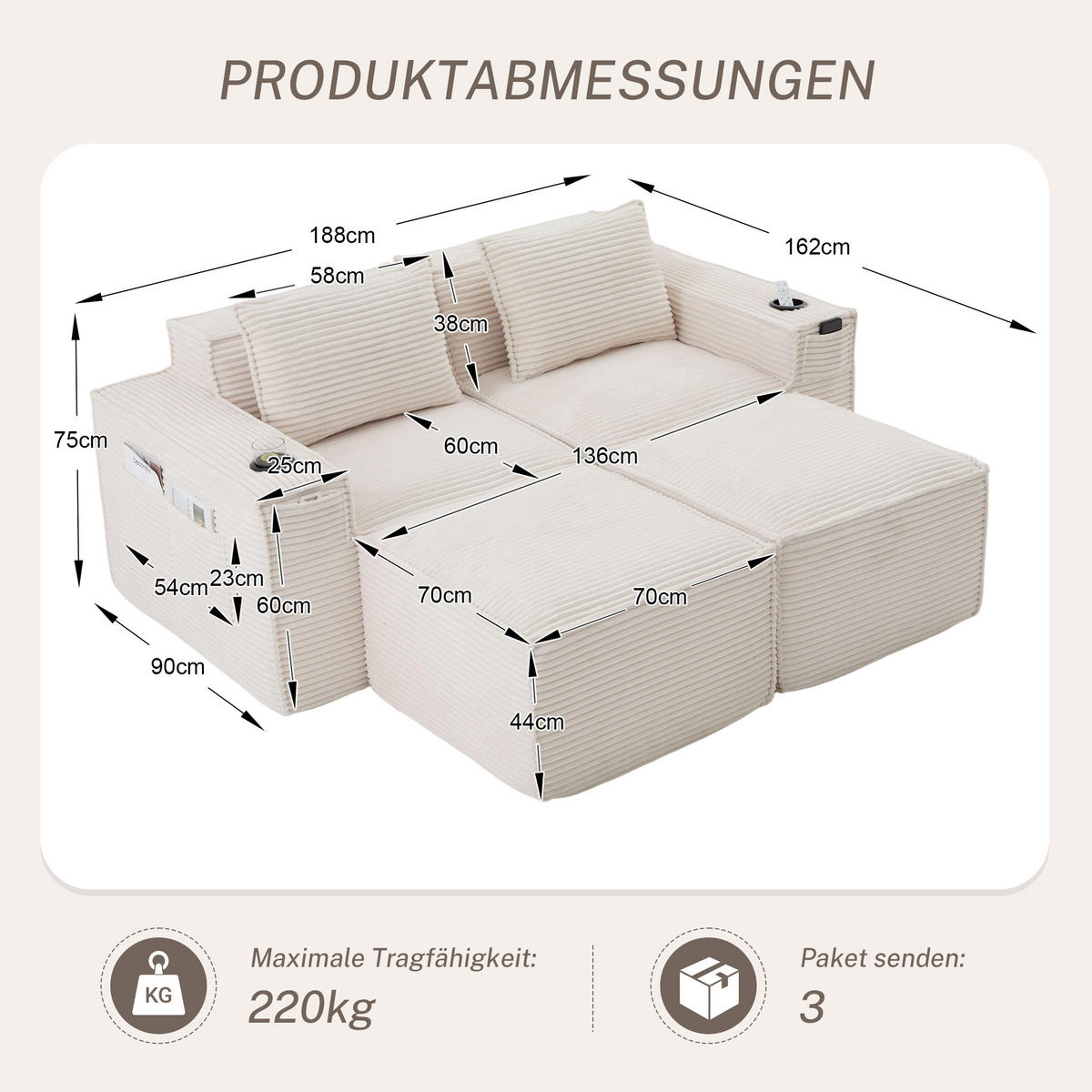 2-SITZER-SOFA DE-33836 mit 2 Hockern Beige - Beige, Textil (188/75/162cm) - ComfortXL