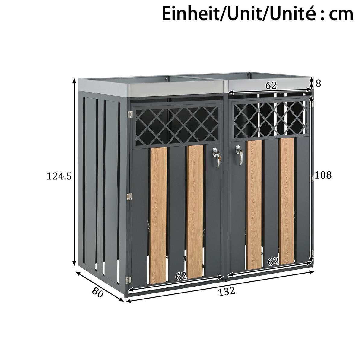 MÜLLTONNENBOX aus Stahl in Grau/Holzoptik mit Pflanzgefäß & Schloss - Grau, Metall (132/124.5/80cm) - Modfu