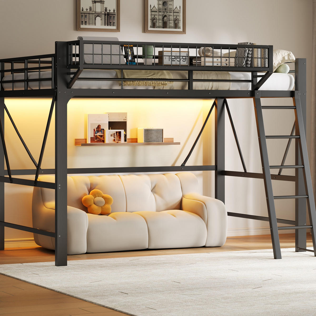 HOCHBETT 140/200 cm in Schwarz mit LED, Aufbewahrungskorb und Treppe aus Metall - Schwarz, Metall - STILVORA