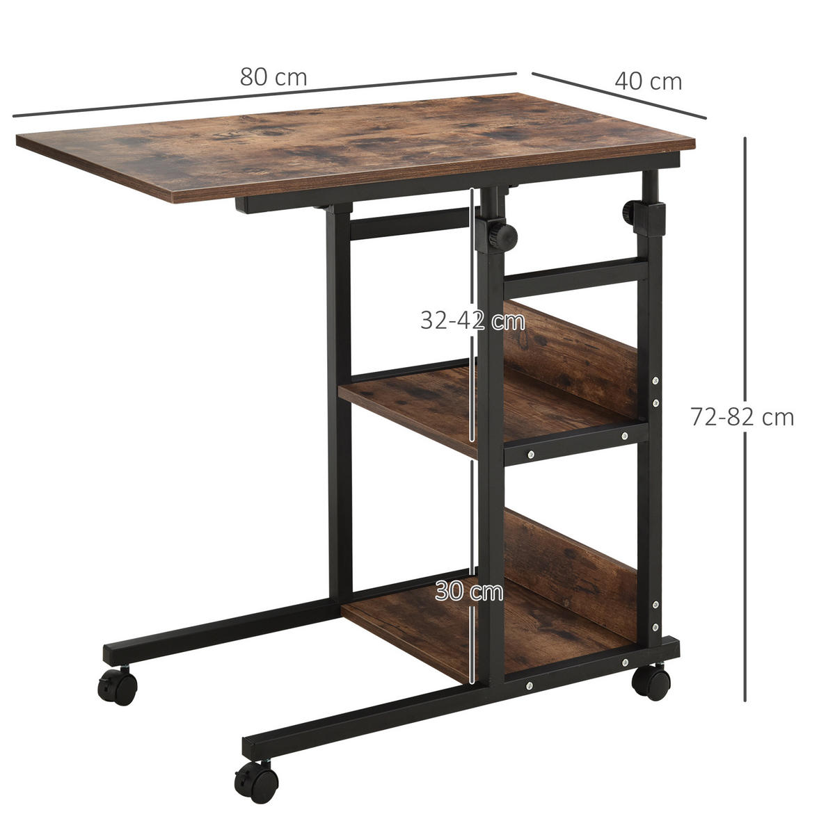 BEISTELLTISCH 80/40/72-82 cm höhenverstellbar mit Rollen und 3 Ablagen, Braun - Braun, Metall (80/40/82cm) - Redom