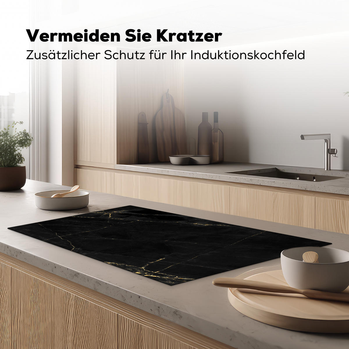 HERDABDECKPLATTE Marmor - Schwarz - Gold - Chic - Marmoroptik - Design Ceranfeldabdeckung 90x52 cm - Schwarz, Kunststoff (90/52/0.2cm) - MuchoWow