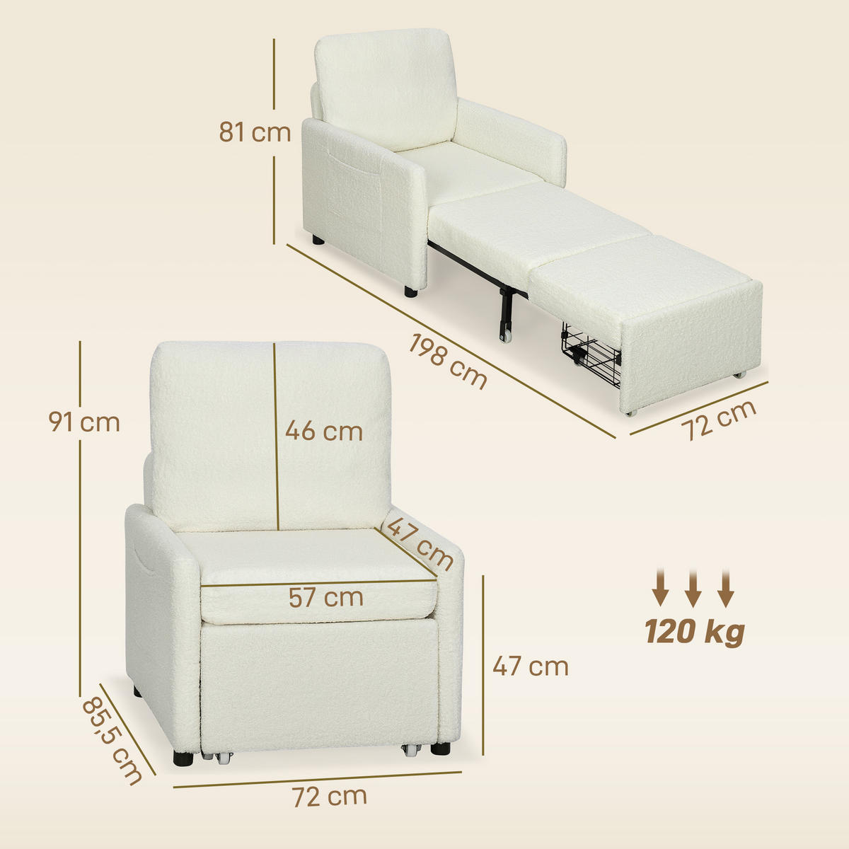 SCHLAFSESSEL DE-14634 mit verstecktem Stauraum und breiter Sitzfläche Creme - Creme, Textil (72/91/85.5cm) - ComfortXL