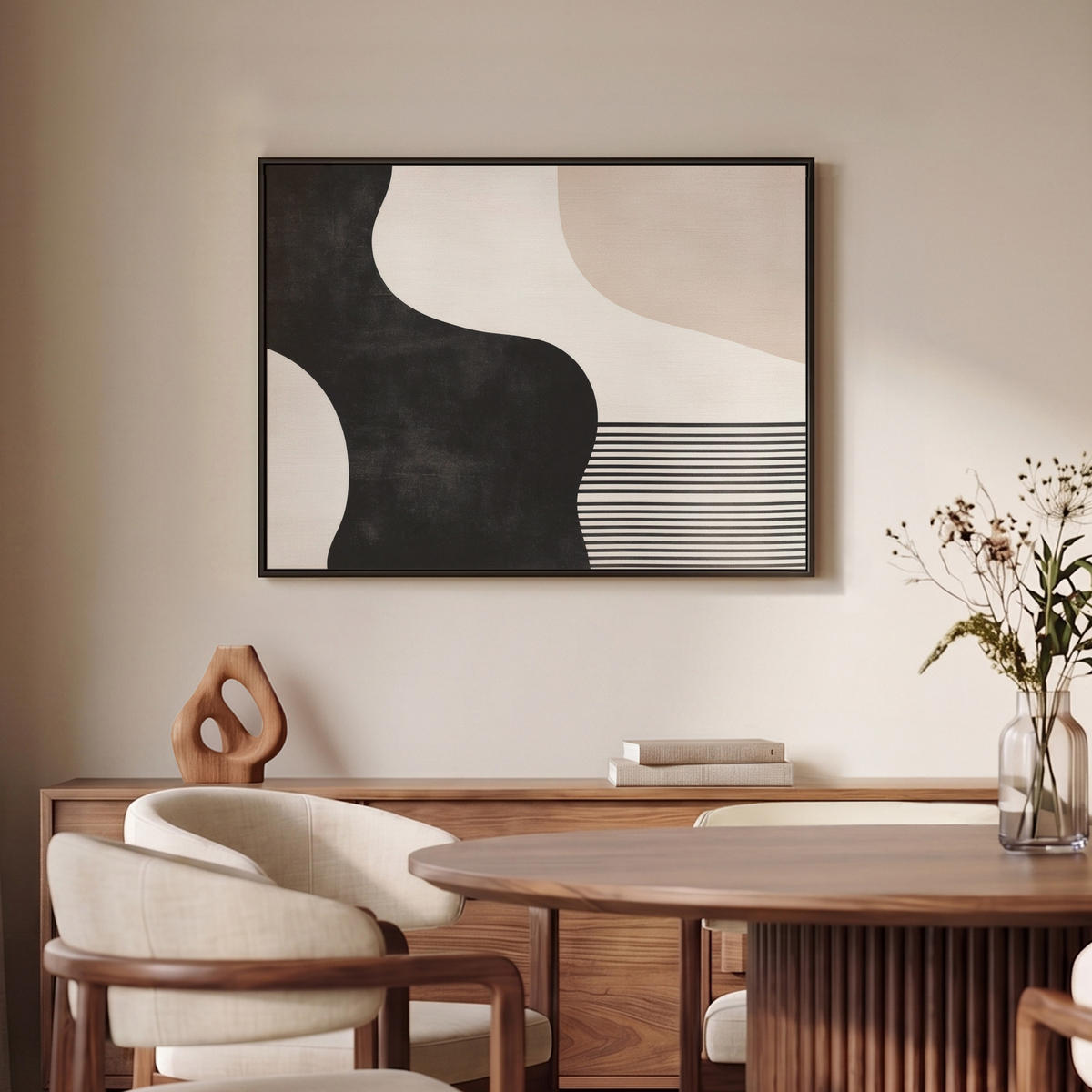LEINWAND Bilder mit Rahmen - Abstrakt - Japandi - Beige - Modern - 70x50 - Schwarz, Textil (70/50cm) - MuchoWow