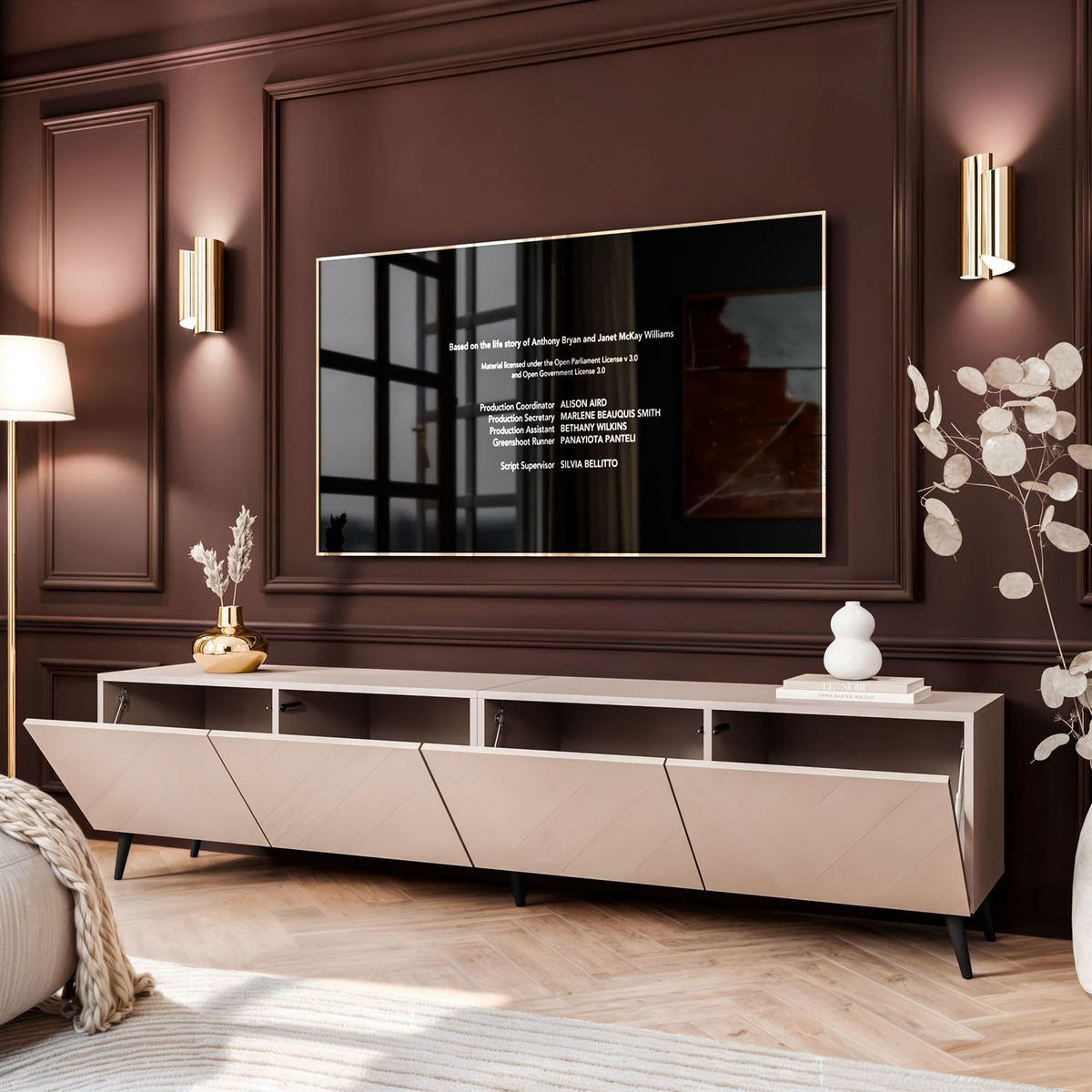 TV-SCHRANK COLGANTE 200 Kaschmir Hochglanz, mit LED, Schräge schwarze Füßen - Kaschmir/Schwarz, Holzwerkstoff (200/49/40cm) - Lookway