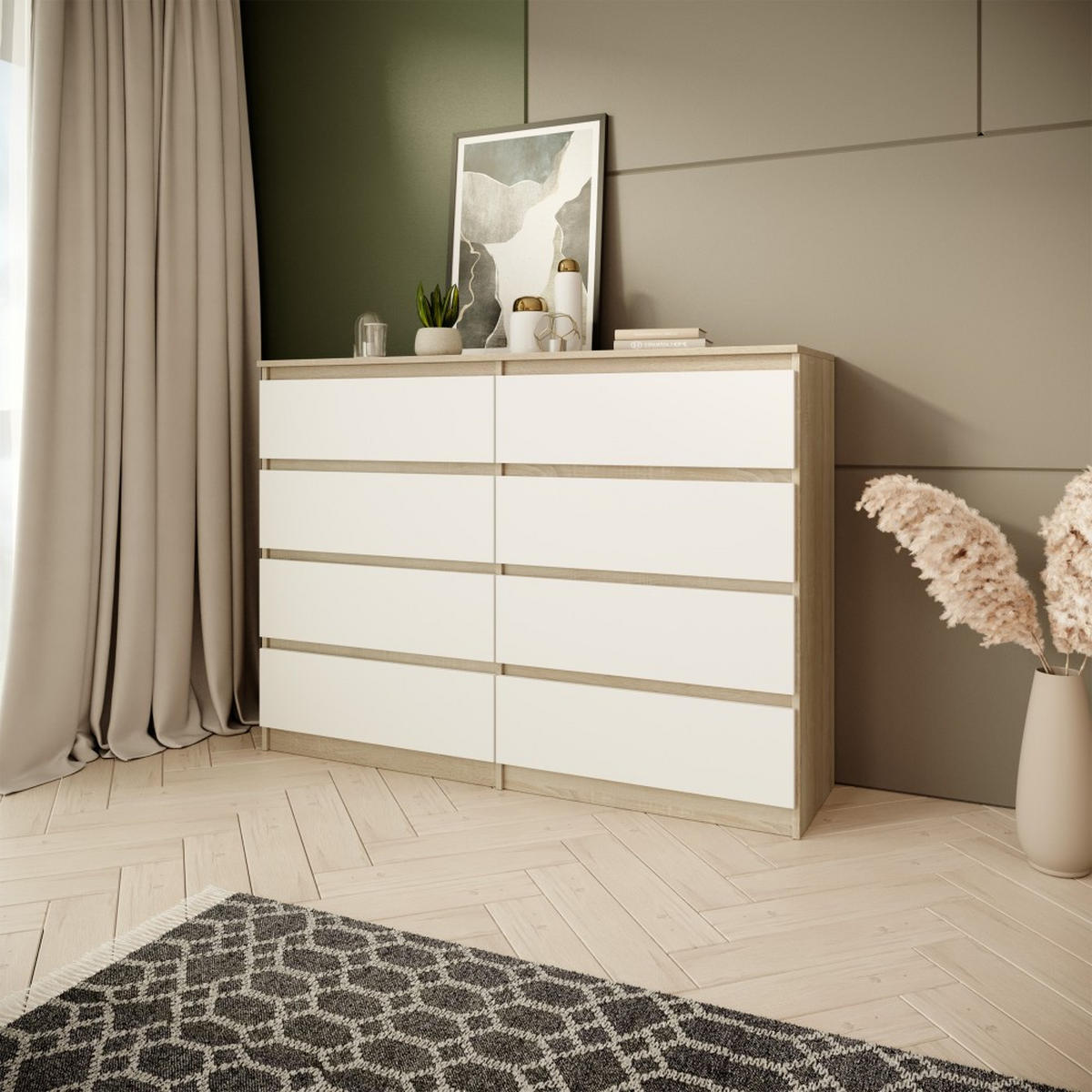 KOMMODE Look 120 cm mit acht Schubladen, eiche Sonoma+weiß - Weiß/Sonoma Eiche, Holzwerkstoff (120/93/33cm) - Beautysofa