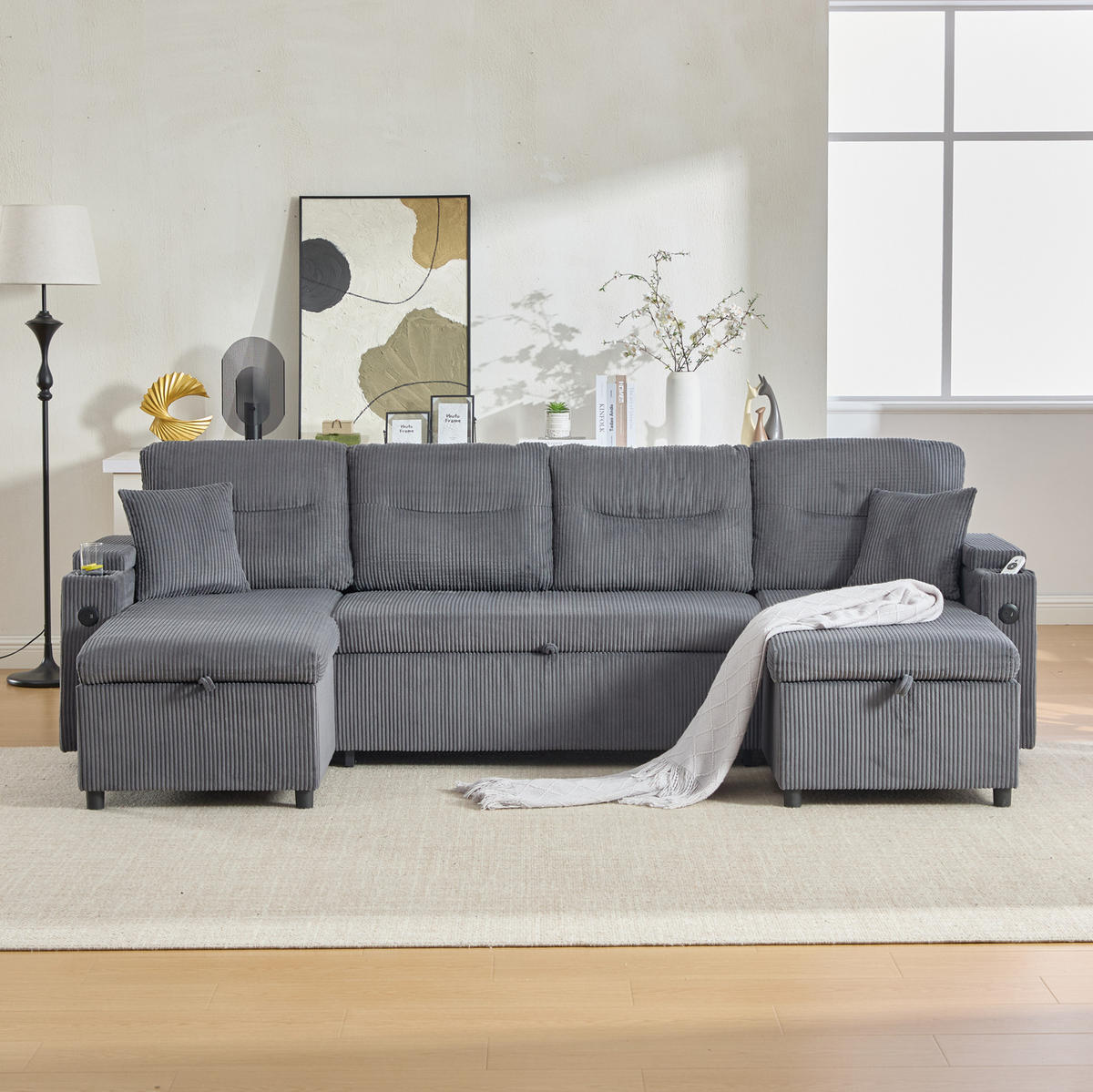 4-SITZER Wohnlandschaft Cord mit 2 Chaiselongues Stauraum und USB-Anschluss 272/136/86 cm Anthrazit - Anthrazit, Textil (136/86/272cm) - Redom