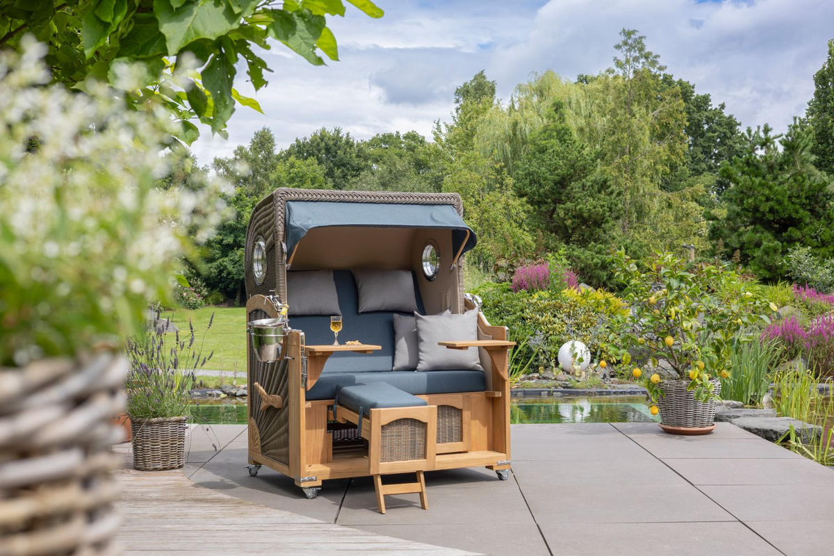 STRANDKORB Komplettset: Ammersee Grande XL Teak Bullauge - PE grau - Modell 593 - Grau, Holz/Kunststoff (142/165/95cm) - bene living