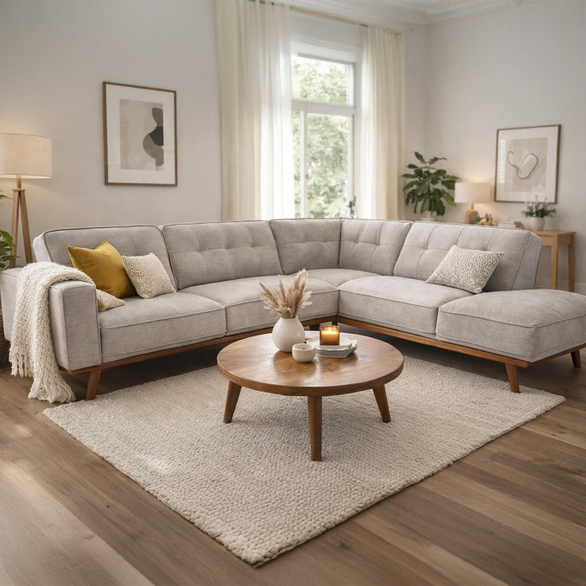 ECKSOFA York Grau 5-Sitzer Stoff - Braun/Grau, Holz (95/79/206cm) - Concept Usine
