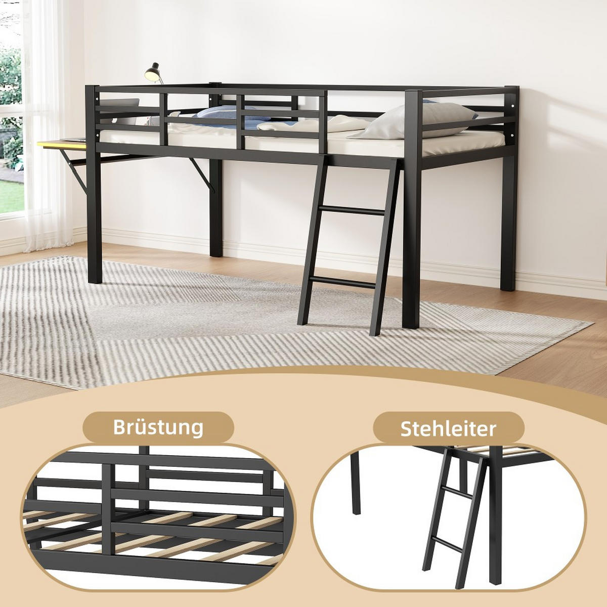 METALLBETT 90 x 200 cm in Schwarz mit LED-Lichtband - Schwarz, Metall (90/200cm) - KOMHTOM