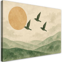 LEINWANDBILD Vögel Berge Aquarell Grün Beige 120x80cm - Beige, Textil (120/80cm) - Feeby