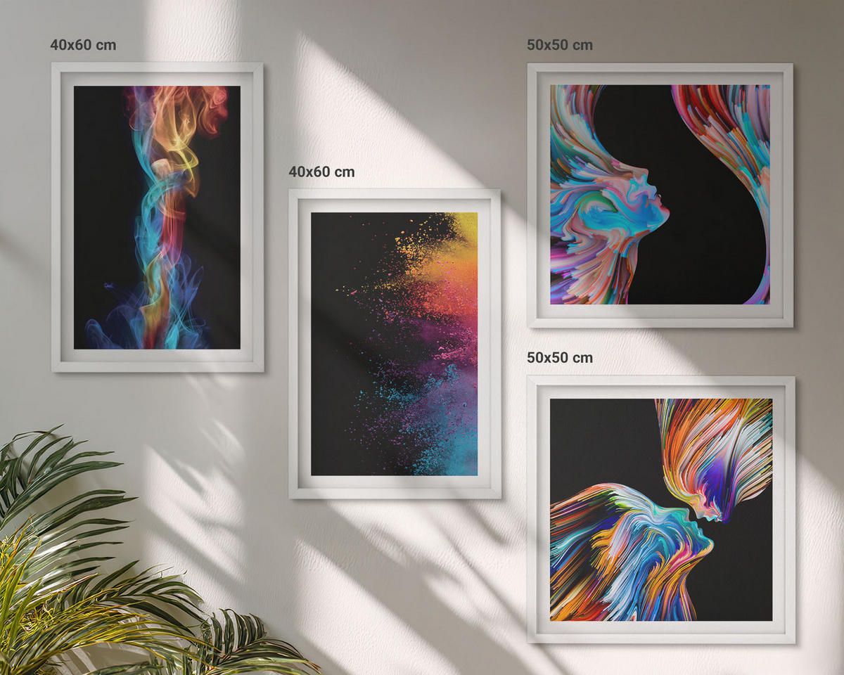 WANDBILDER 4er-Set - 50x50 cm & 40x60 cm Weißer Rahmen - Farbenfrohe Abstraktionen, Gesichter, Formen - Weiß, Kunststoff (50/50cm) - ArtPrintCave