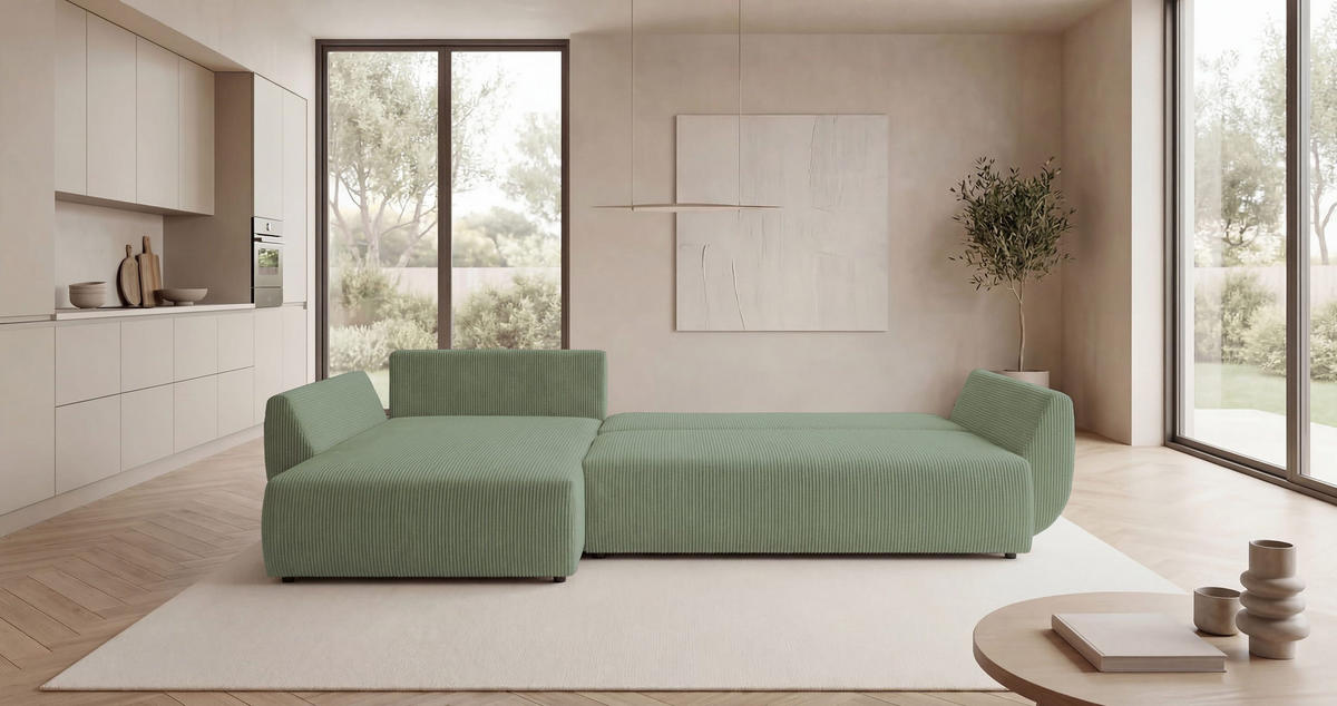 ROHOVÁ pohovka SYDNEY levá světle zelená manšestr Poso 47 - funkce spaní, úložný prostor - světle zelená, textil (280/174cm) - Cornero