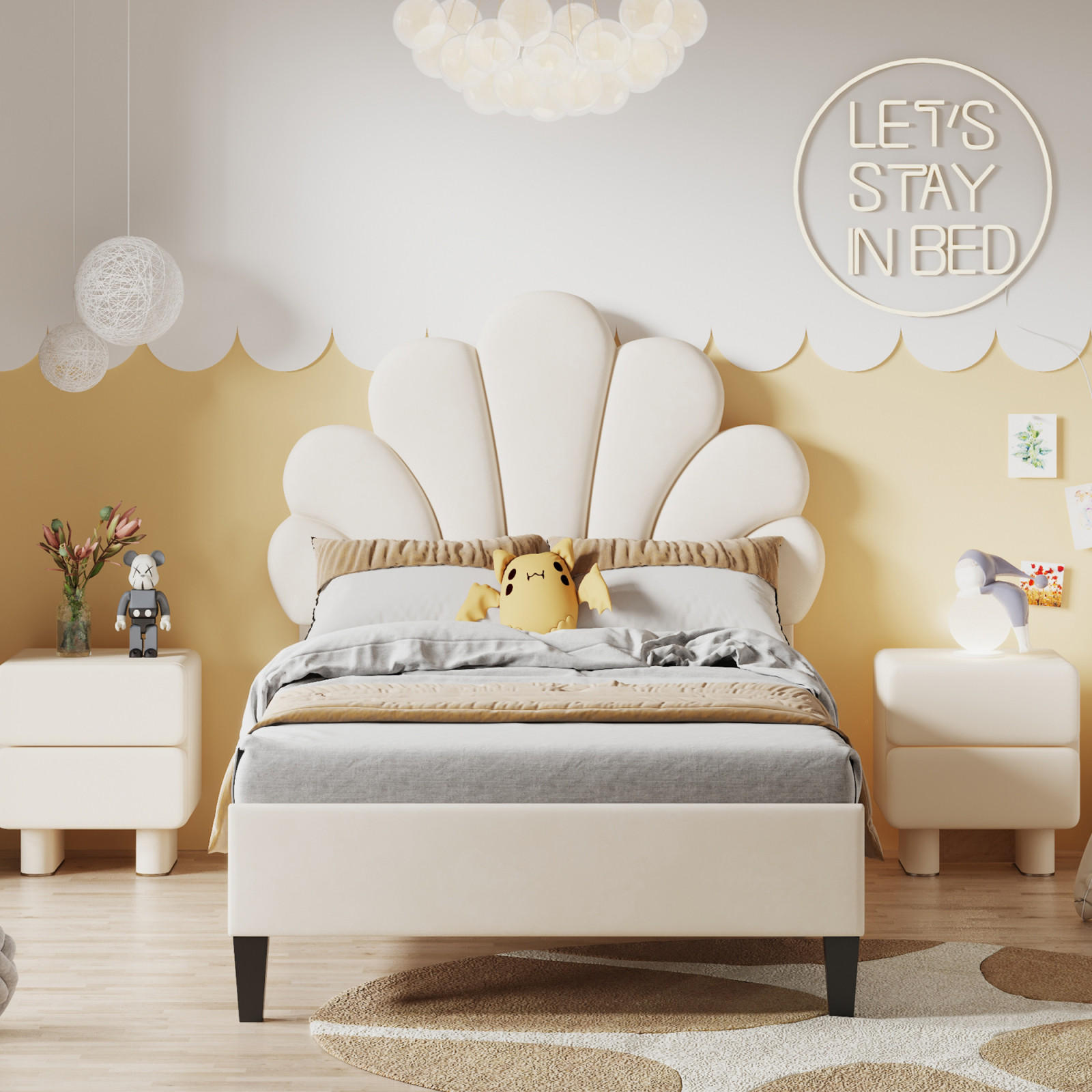 POLSTERBETT 90x200 cm, Beige, Blumenform-Kopfteil - Beige, Textil/Metall (90/200cm)