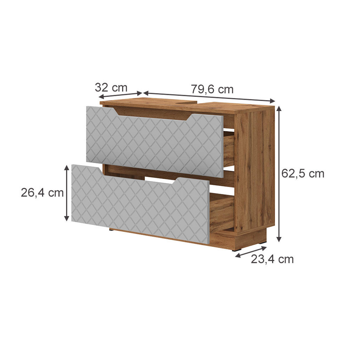 WASCHBECKENUNTERSCHRANK Lotta Eiche/Grau mit Kachelstruktur 79.6 x 62.5 cm mit 2 Schubladen - Eichefarben/Grau, Holzwerkstoff (79.6/62.5/32cm) - Vicco