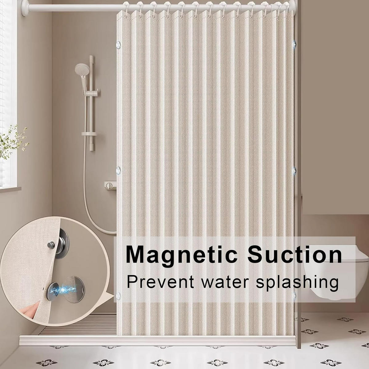 DUSCHVORHANG Beige 150 x 200 cm magnetisch faltbar Leinen dick gefüttert wasserdicht schimmelresistent - Beige, Textil (150/200cm) - MCBOSON