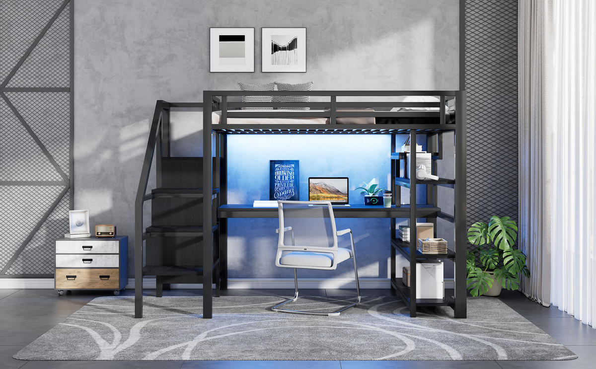 HOCHBETT 140x200 cm mit Stauraumtreppe, Kleiderschrank und 4-stöckigem Regal, LED und Ladestation, schwarz - Schwarz, Holzwerkstoff (140/200cm)